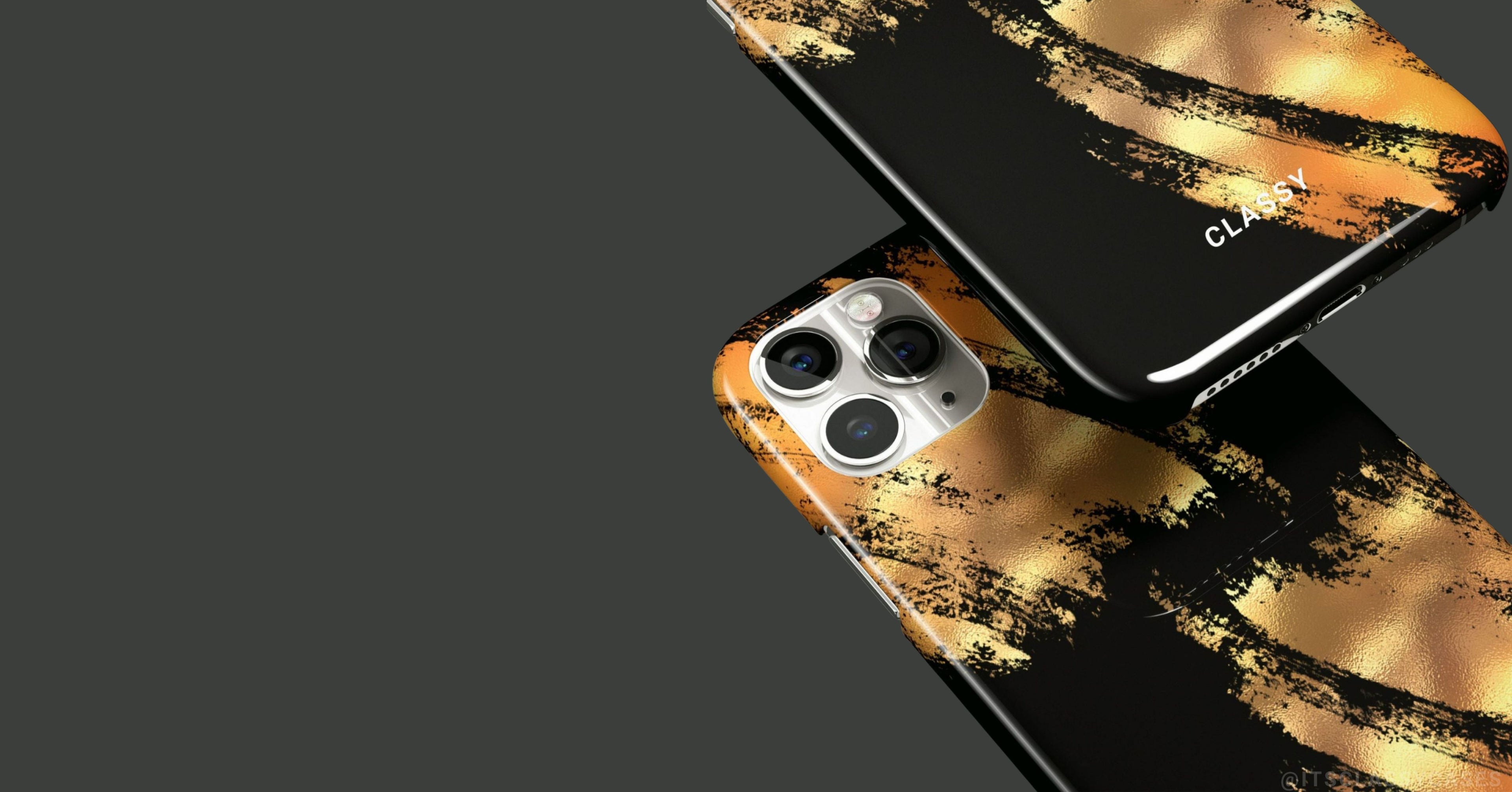 Smartphone with a black and gold abstract design on a dark background