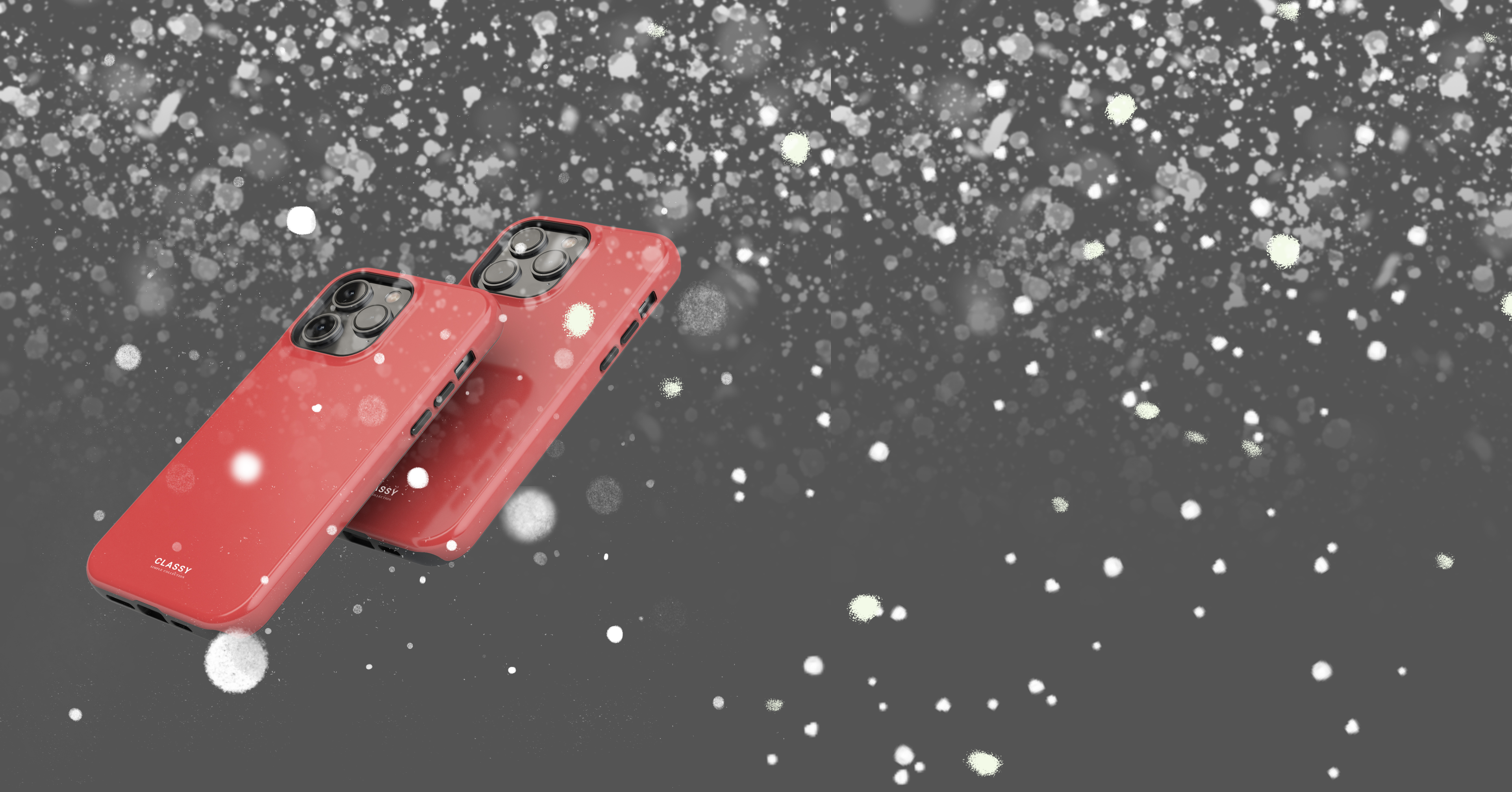 Red phone cases on a gray background with snowflakes