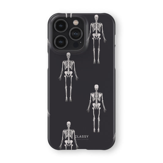 Phone case with white skeleton illustrations on a black background