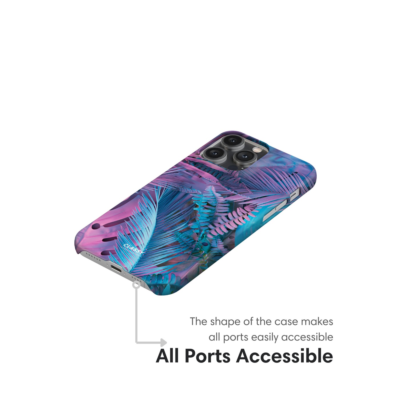 Phone case with a colorful palm leaf pattern on a white background cutouts