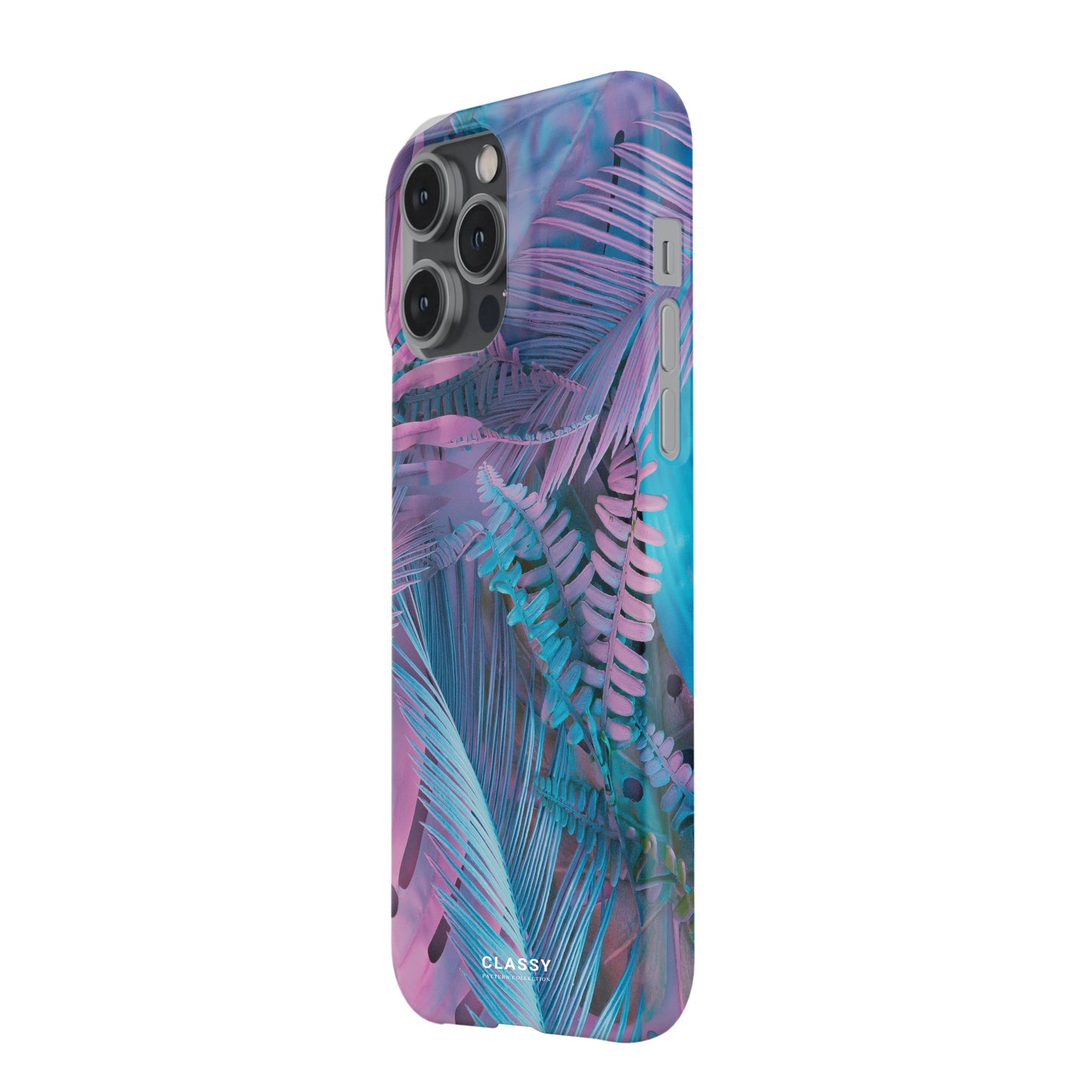 Phone case with a colorful palm leaf pattern on a white background side
