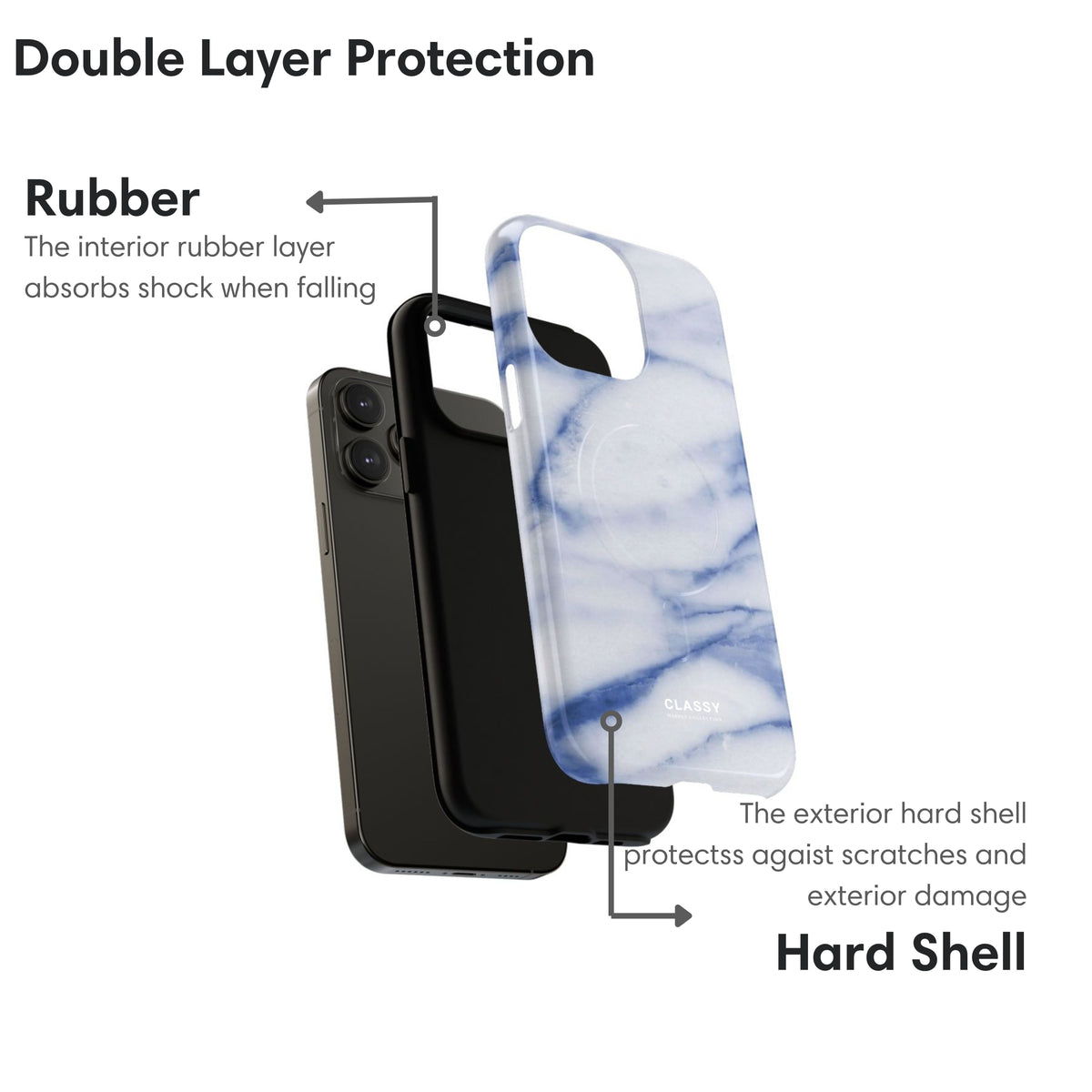 White and Blue Marble MagSafe Tough Case layers