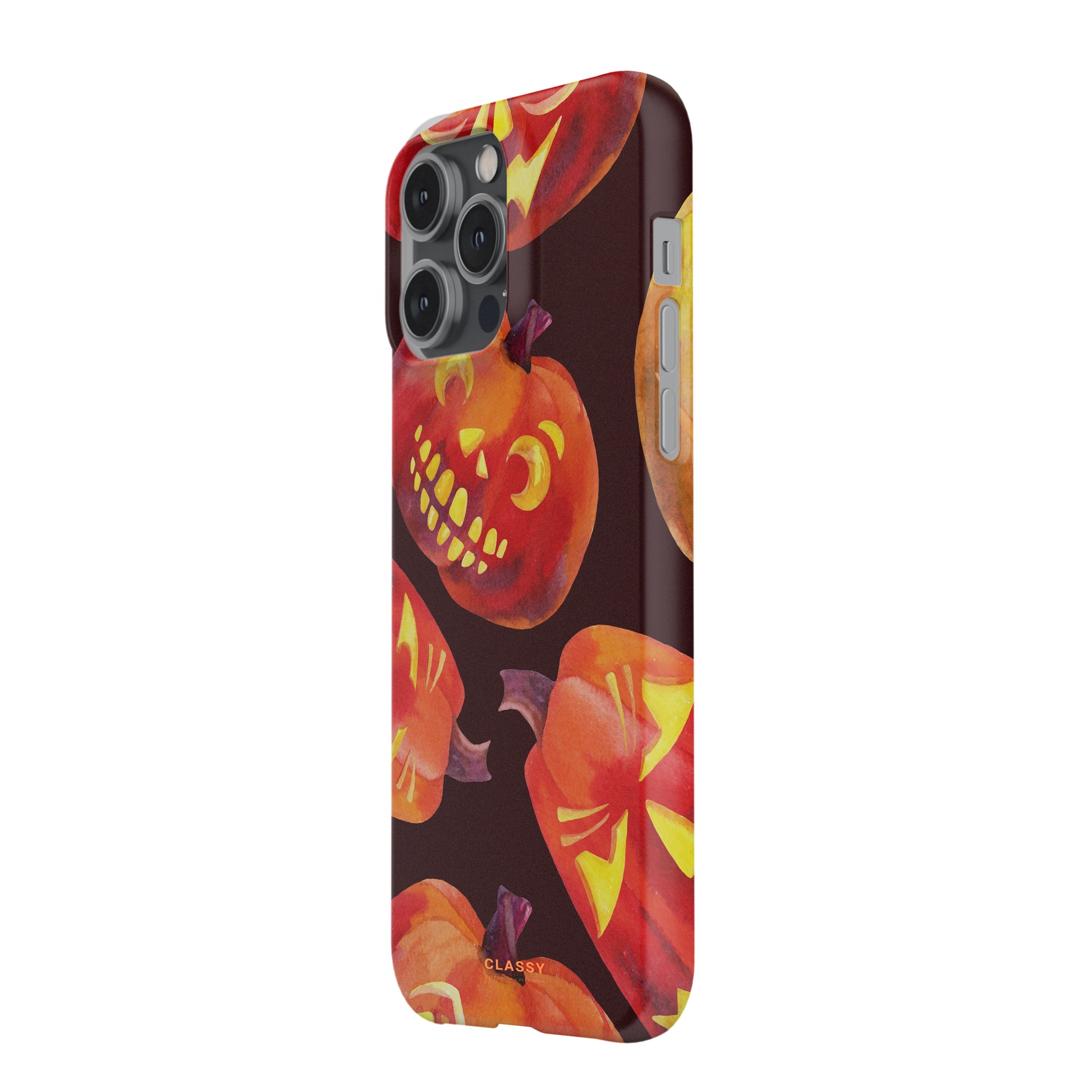 Phone case with Halloween-themed design featuring pumpkins on a white background