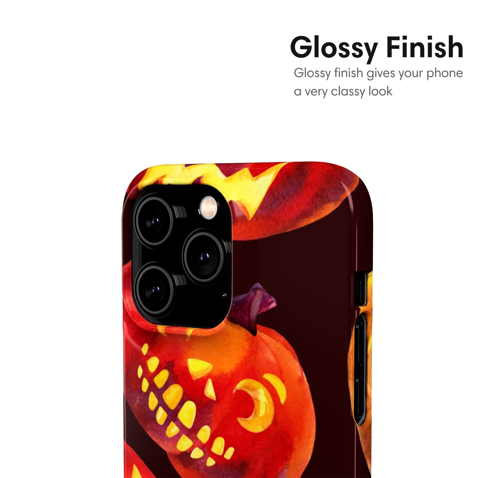 Phone case with Halloween design featuring a jack-o'-lantern on a glossy finish.