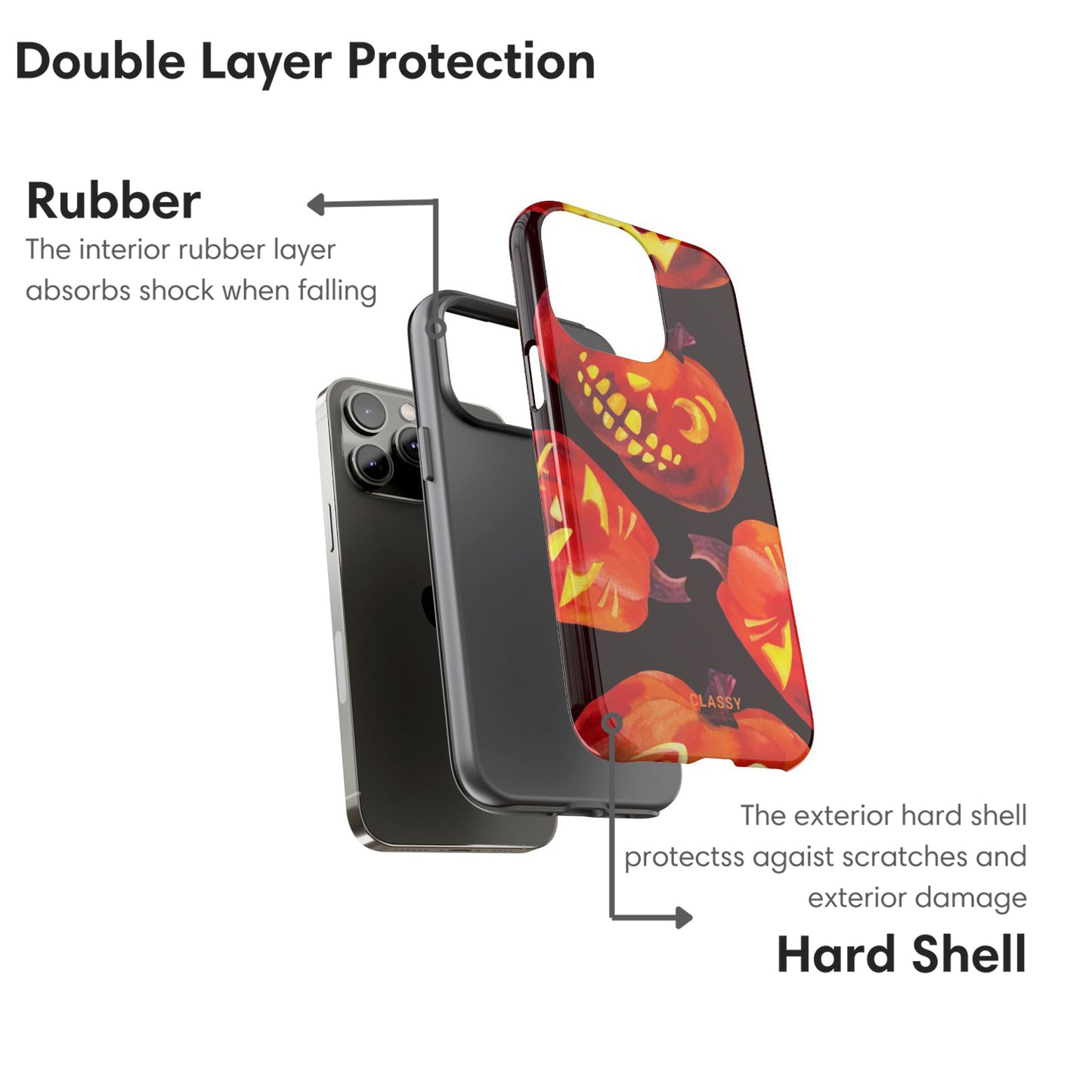 Phone case with double-layer protection featuring rubber and hard shell on a white background.
