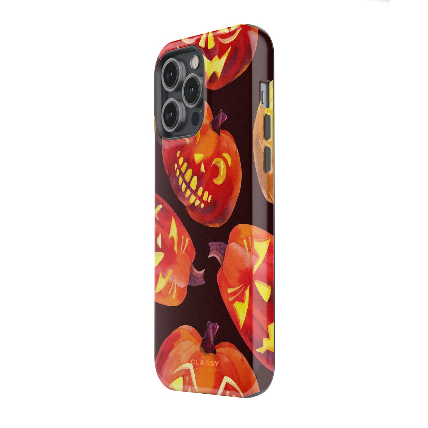 Phone case with Halloween-themed design featuring jack-o'-lanterns on a white background