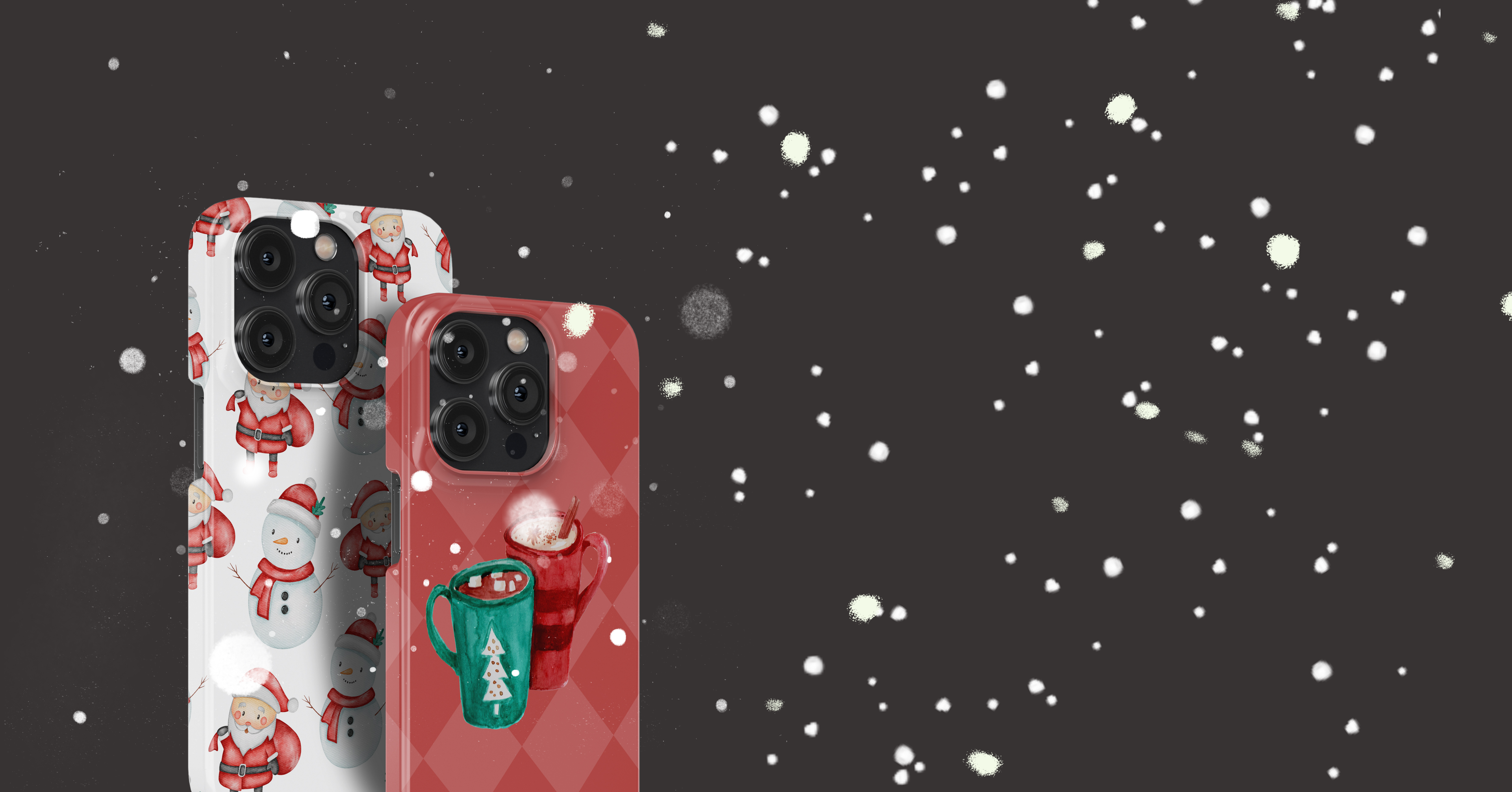 Two phone cases with festive designs on a dark background with snowflake effects