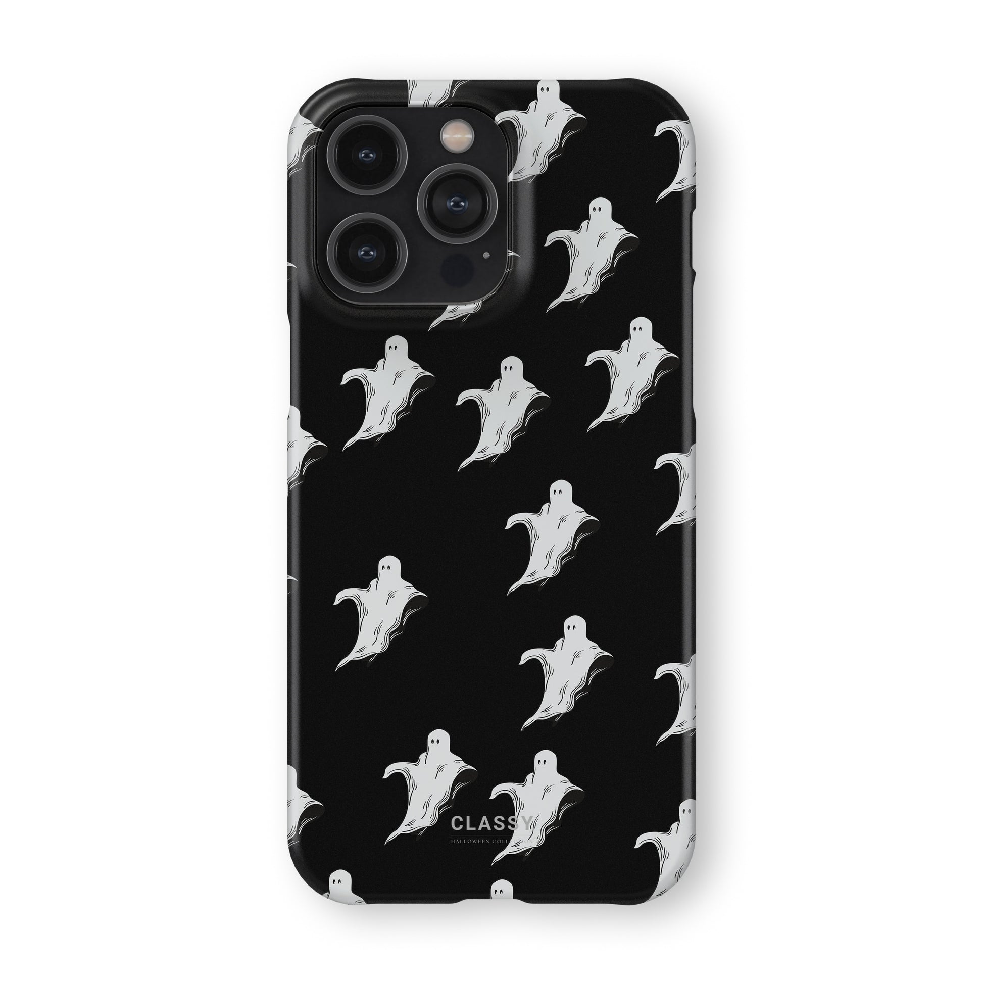 Phone case with ghost pattern on a black background front