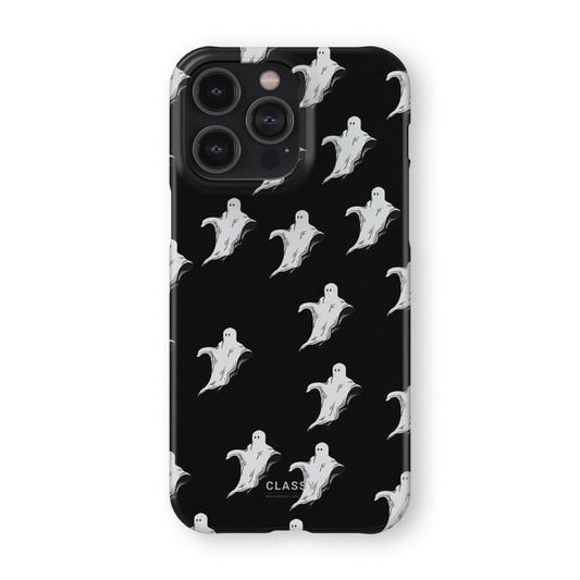 Phone case with ghost pattern on a black background front
