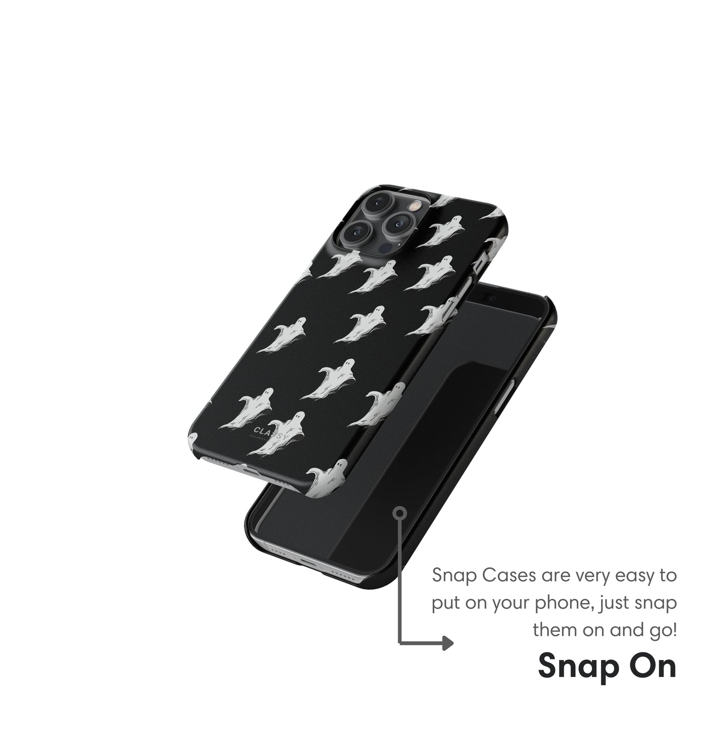 Black phone case with white ghost pattern and text indicating snap-on feature