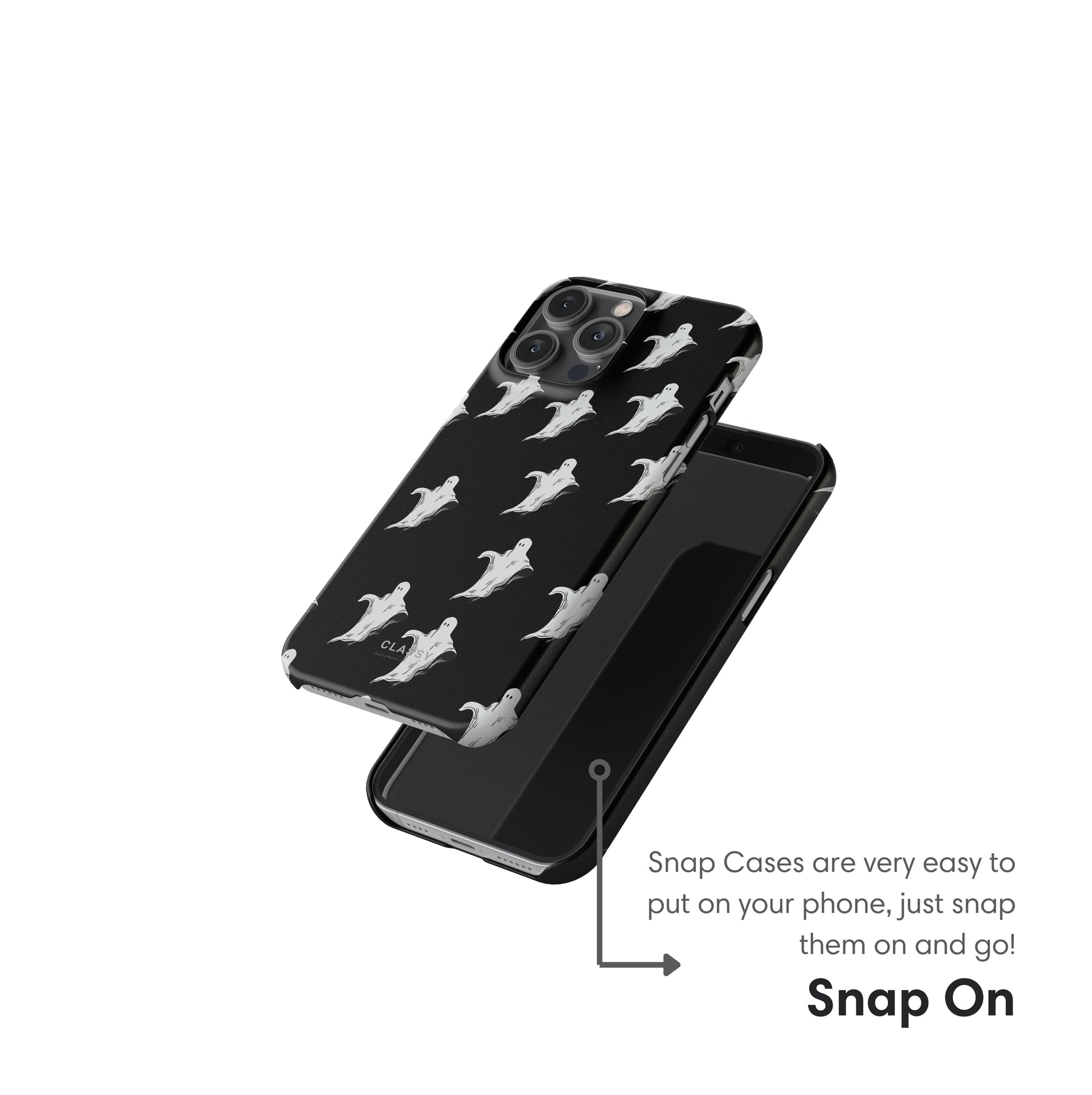 Black phone case with white ghost pattern and text indicating snap-on feature