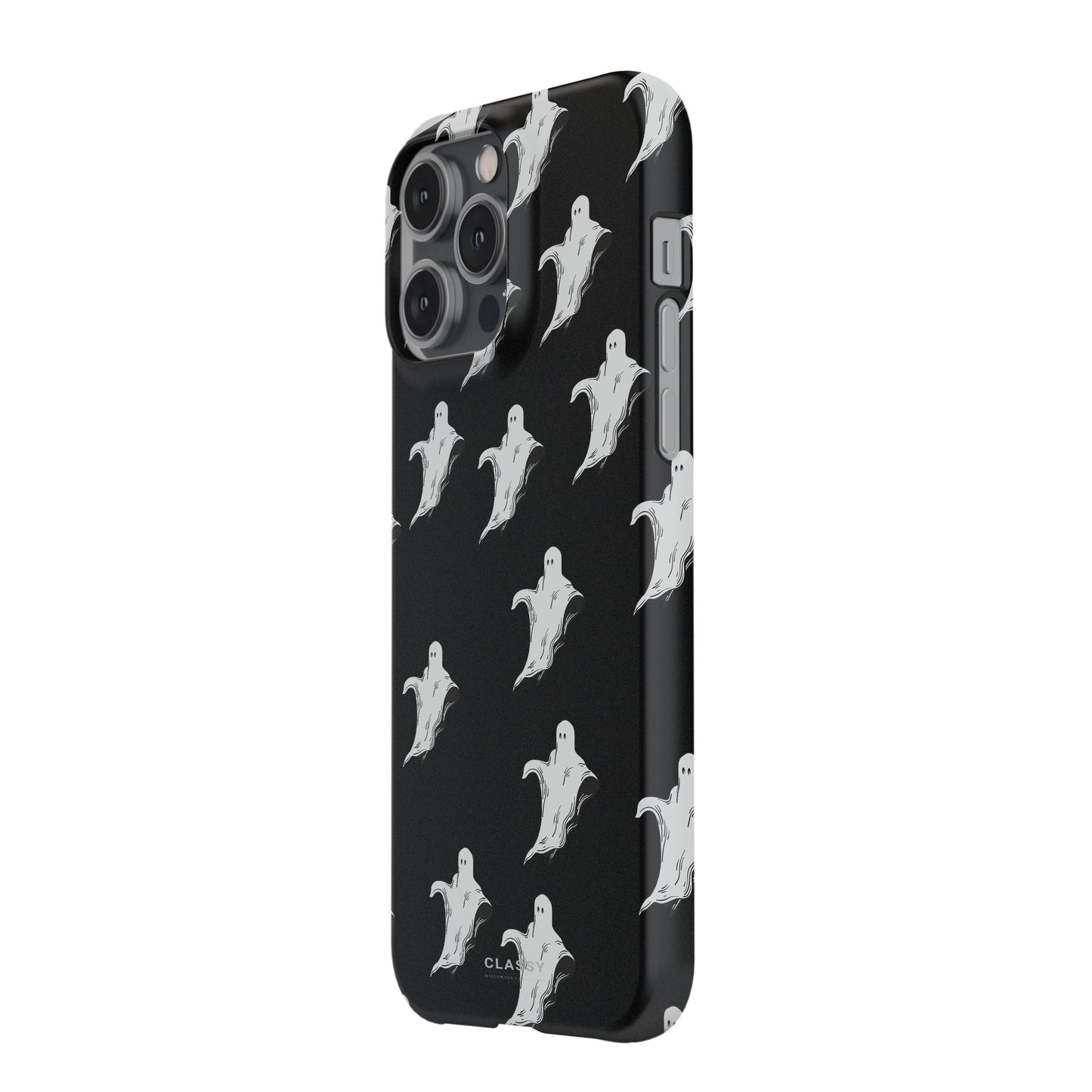 Phone case with ghost pattern on a black background side