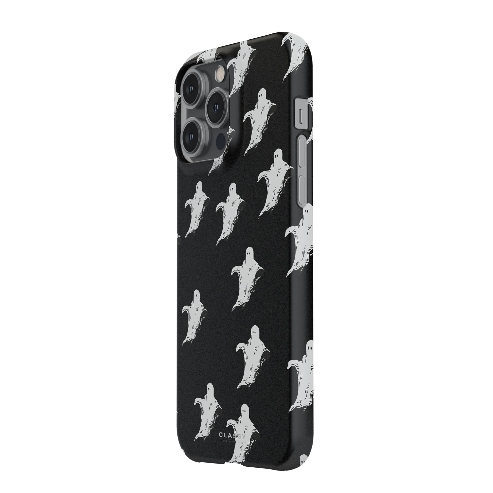 Phone case with ghost pattern on a black background side