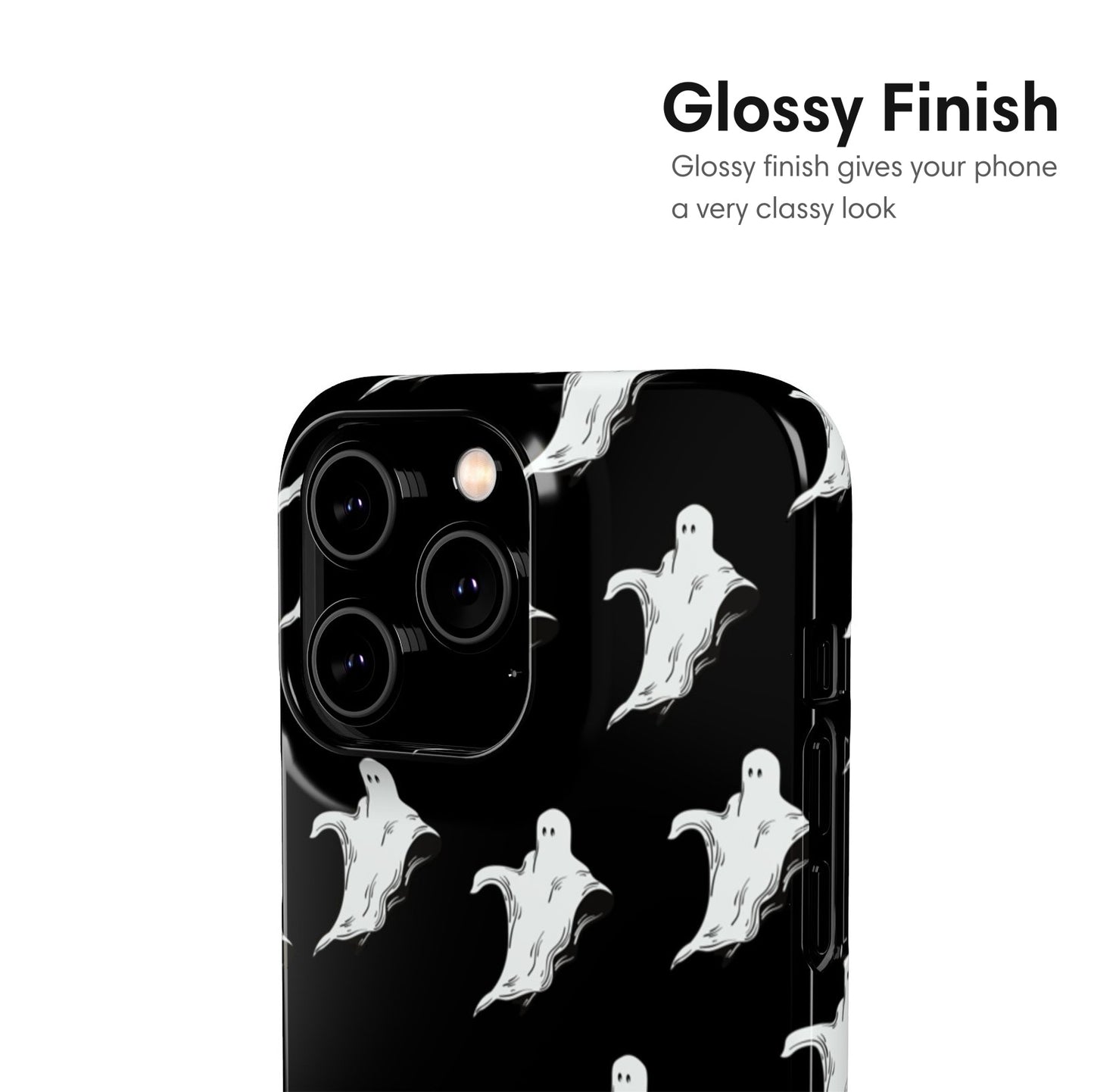 Phone case with ghost design on a black background, glossy finish.