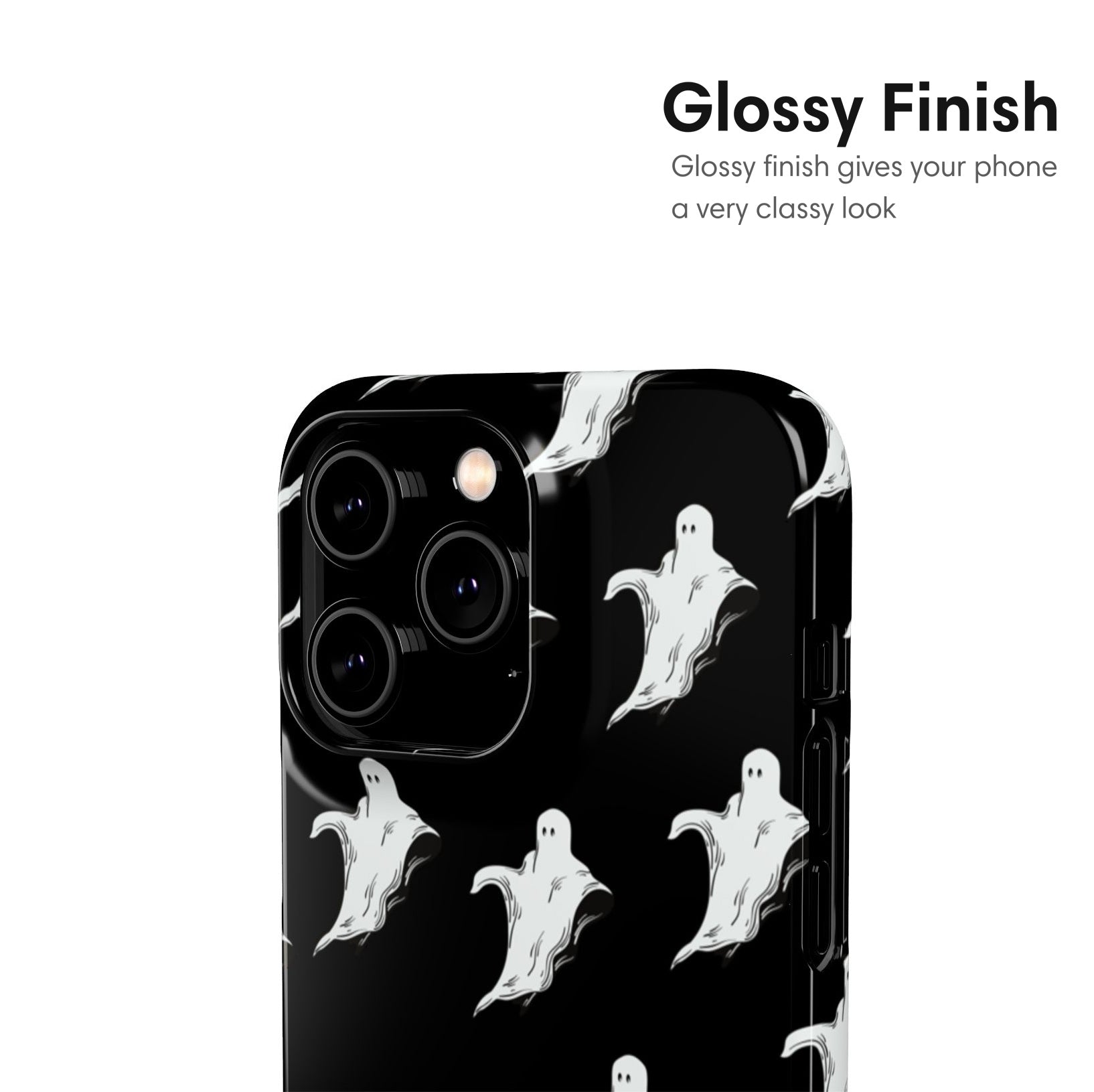 Phone case with ghost design on a black background, glossy finish.