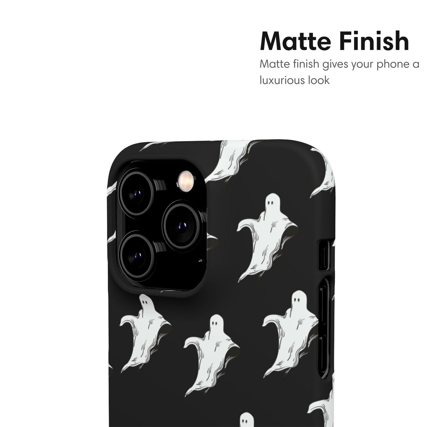 Phone case with ghost pattern on a black background, matte finish.