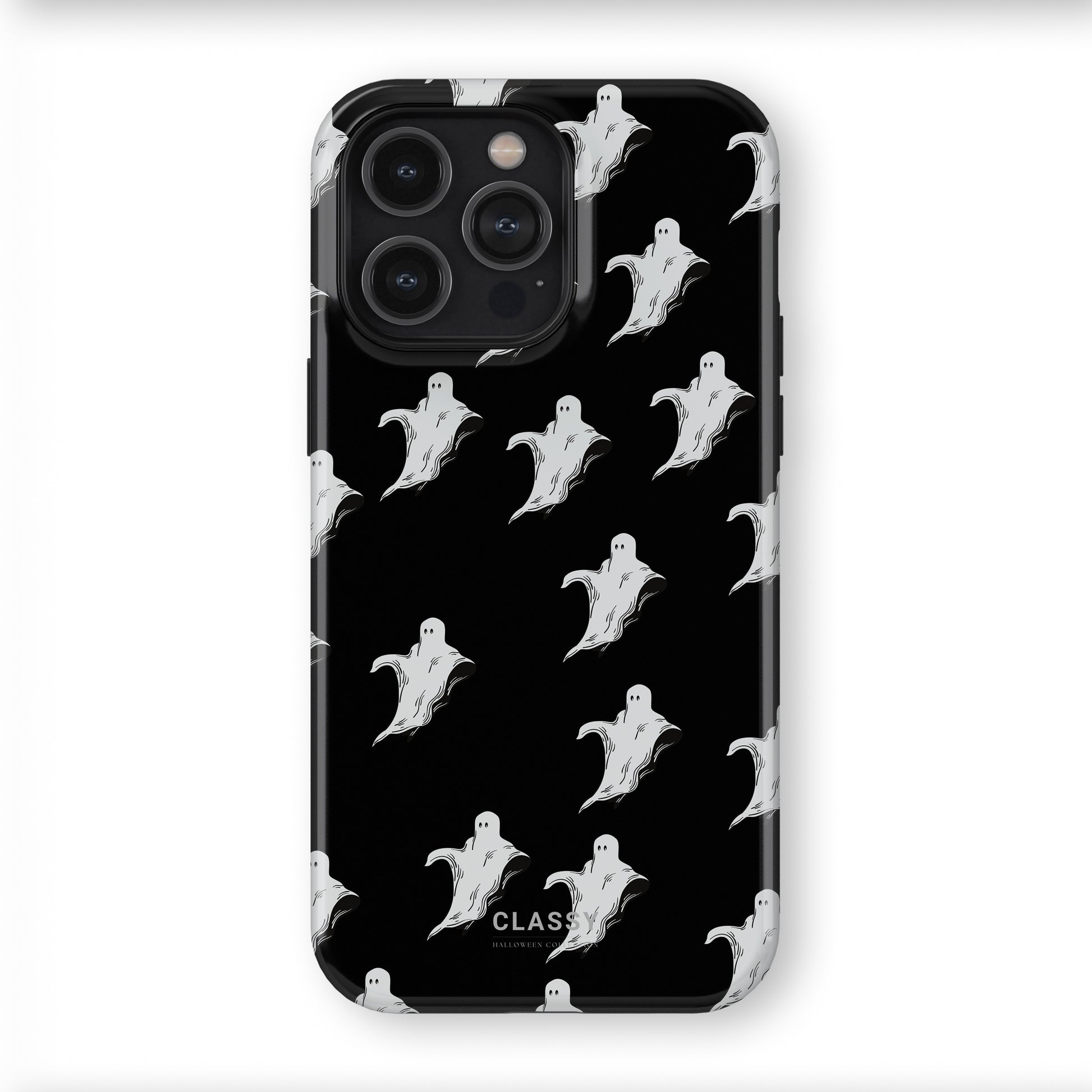 Phone case with ghost pattern on a black background