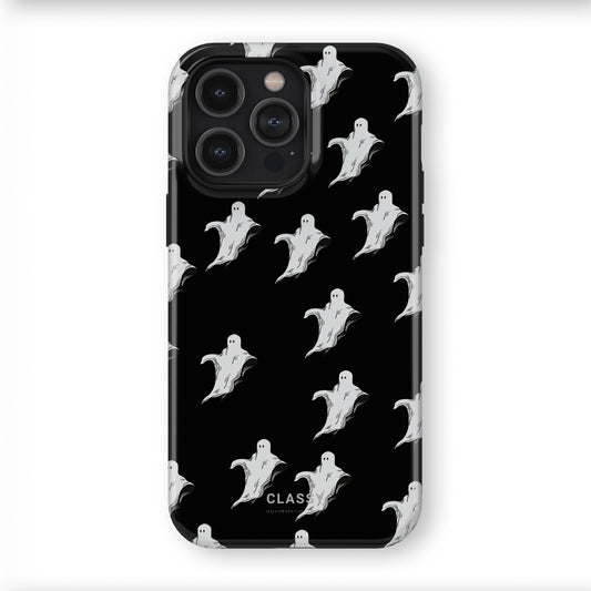 Phone case with ghost pattern on a black background