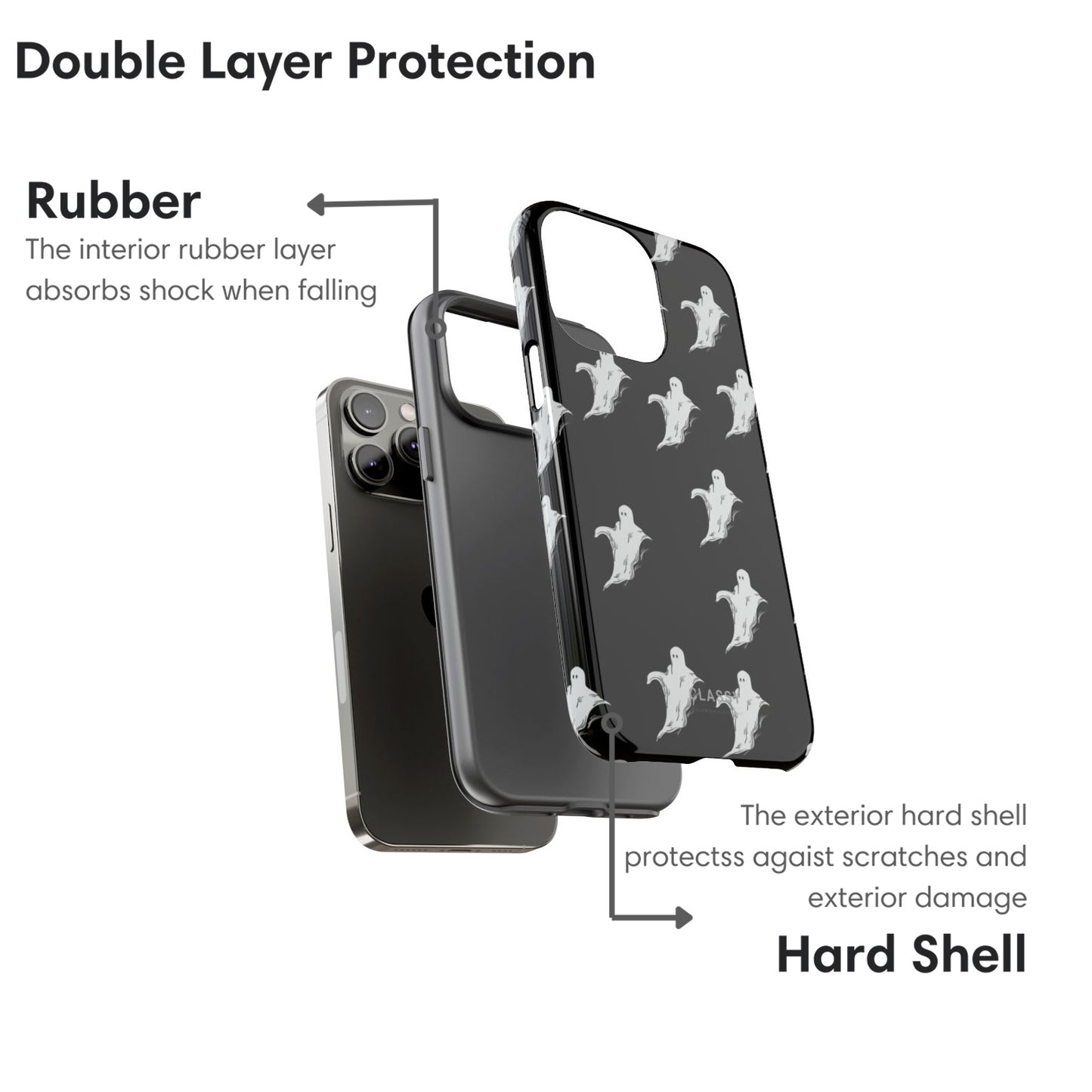 Phone case with double-layer protection featuring rubber and hard shell on a white background.