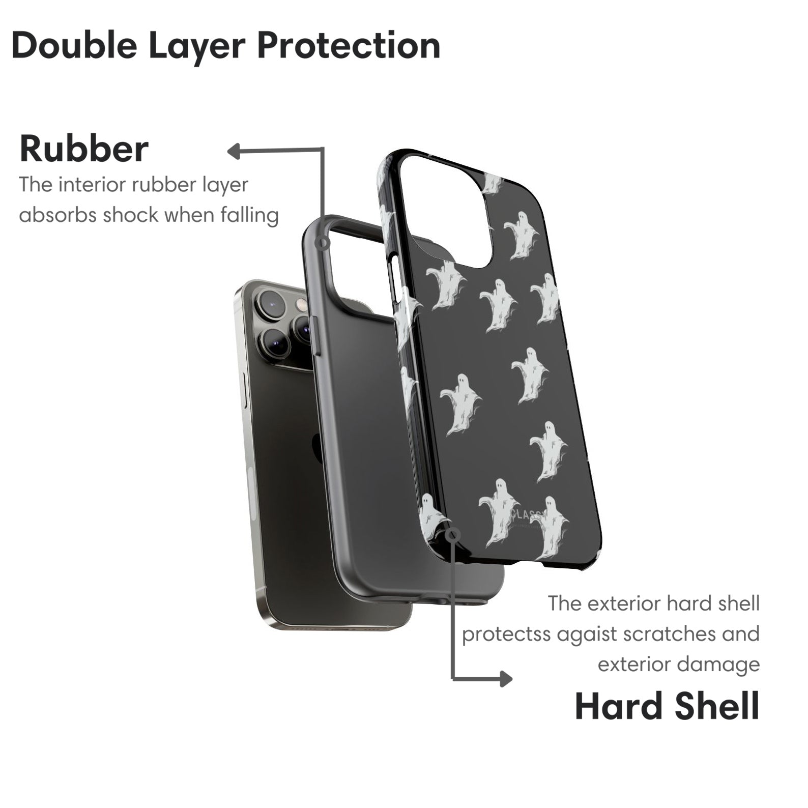 Phone case with double-layer protection featuring rubber and hard shell on a white background.
