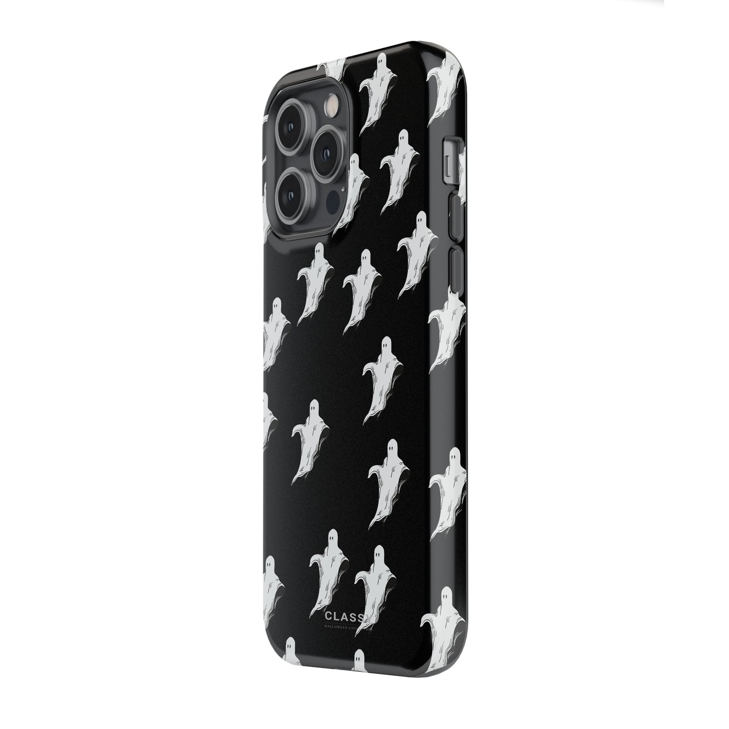 Phone case with ghost pattern on a black background