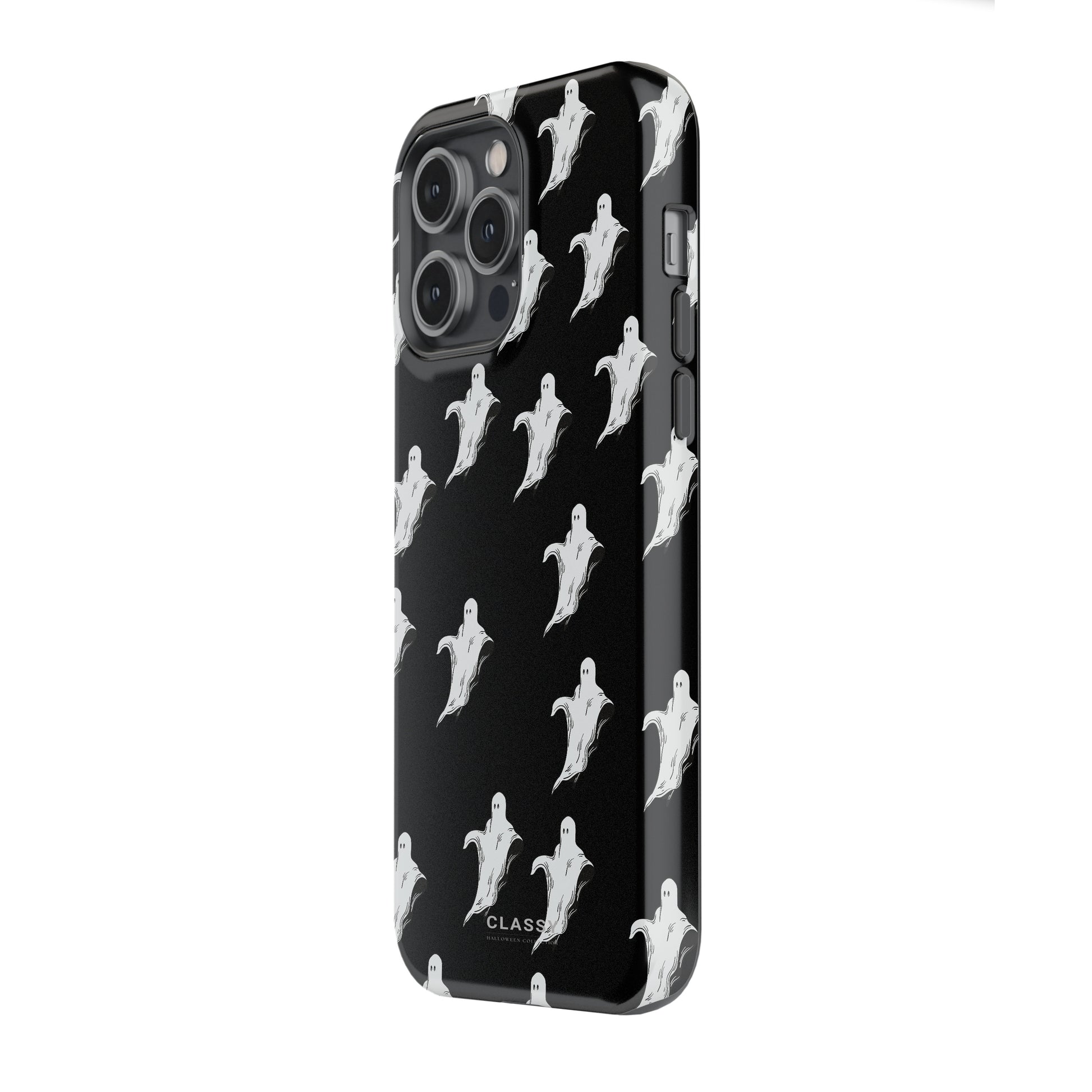 Phone case with ghost pattern on a black background