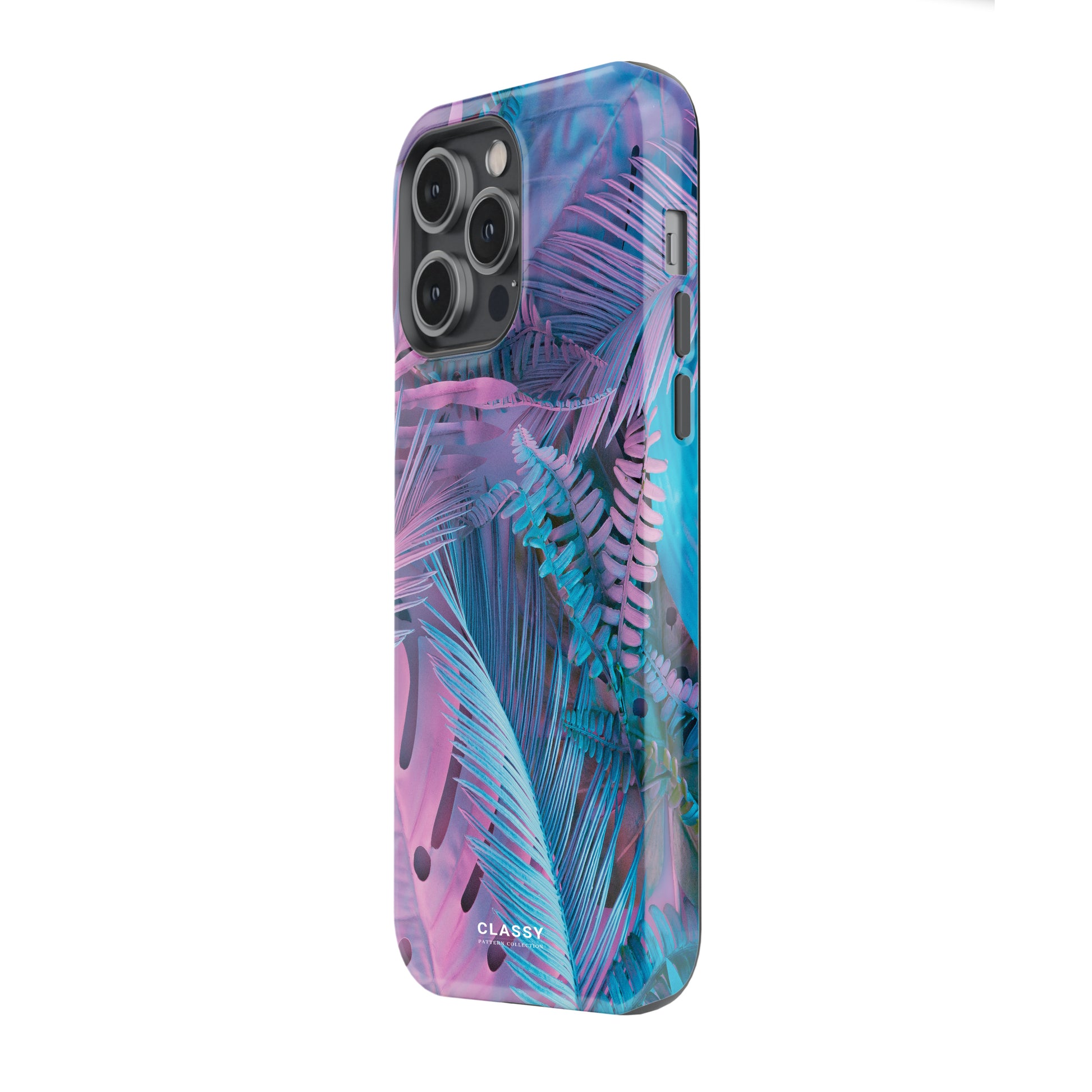 Phone case with colorful palm leaf design on a white background side