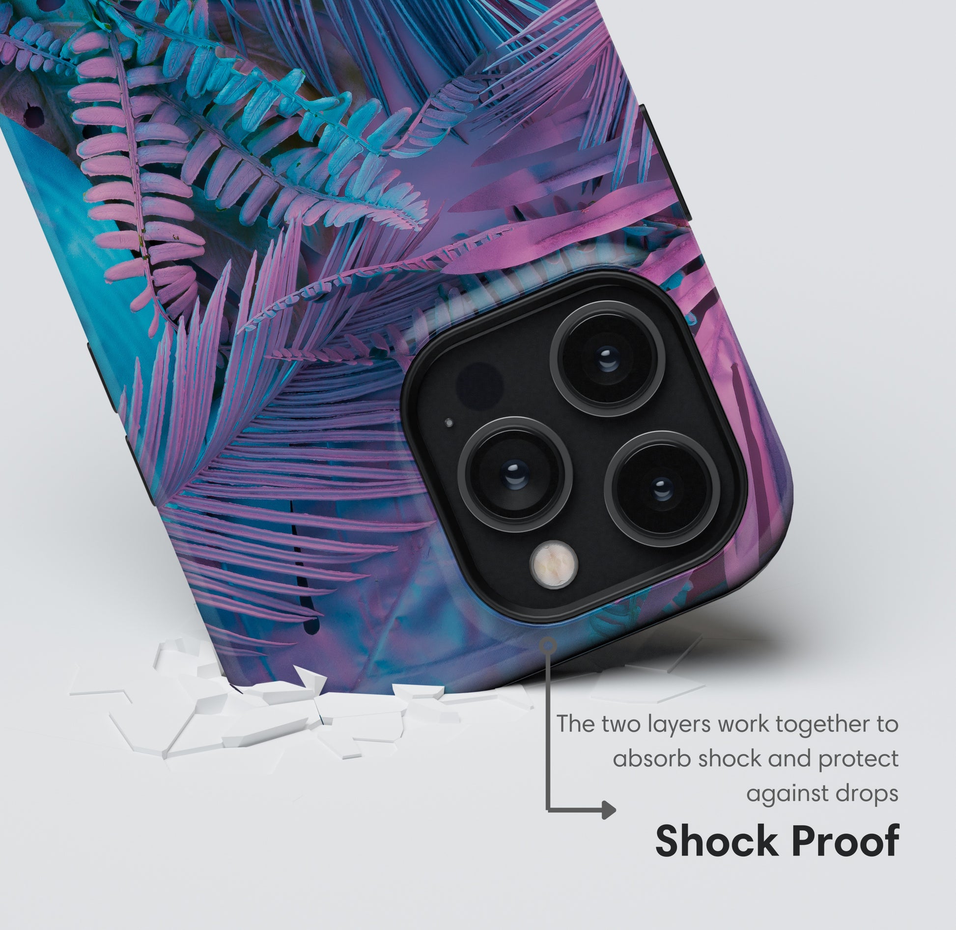 Phone case with palm leaf design and shock proof feature