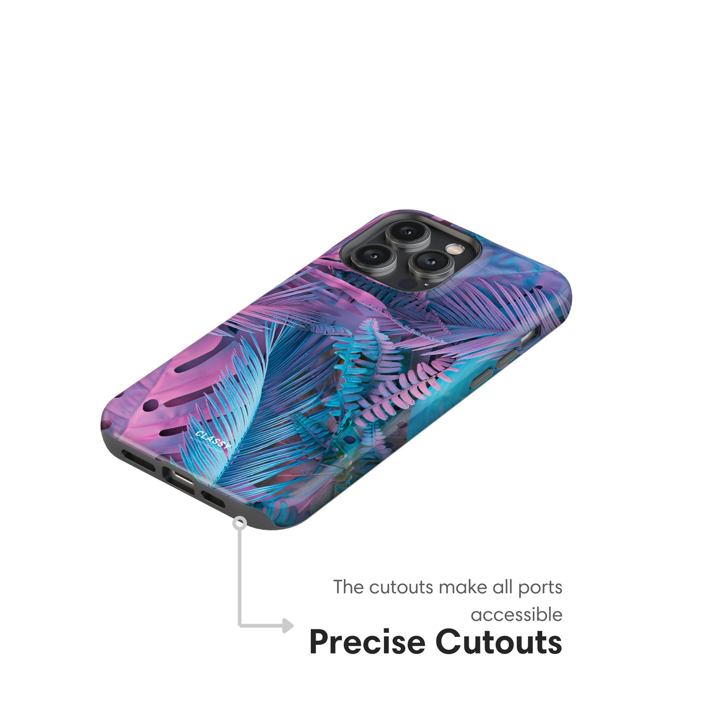 Phone case with colorful palm leaf design on a white background cutouts
