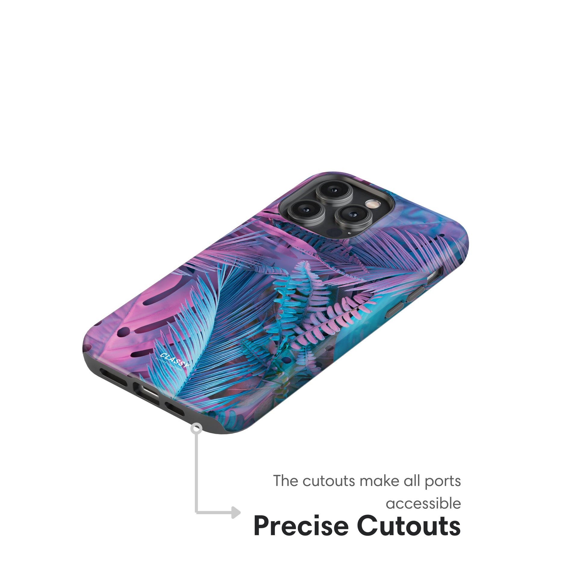 Phone case with colorful palm leaf design on a white background cutouts