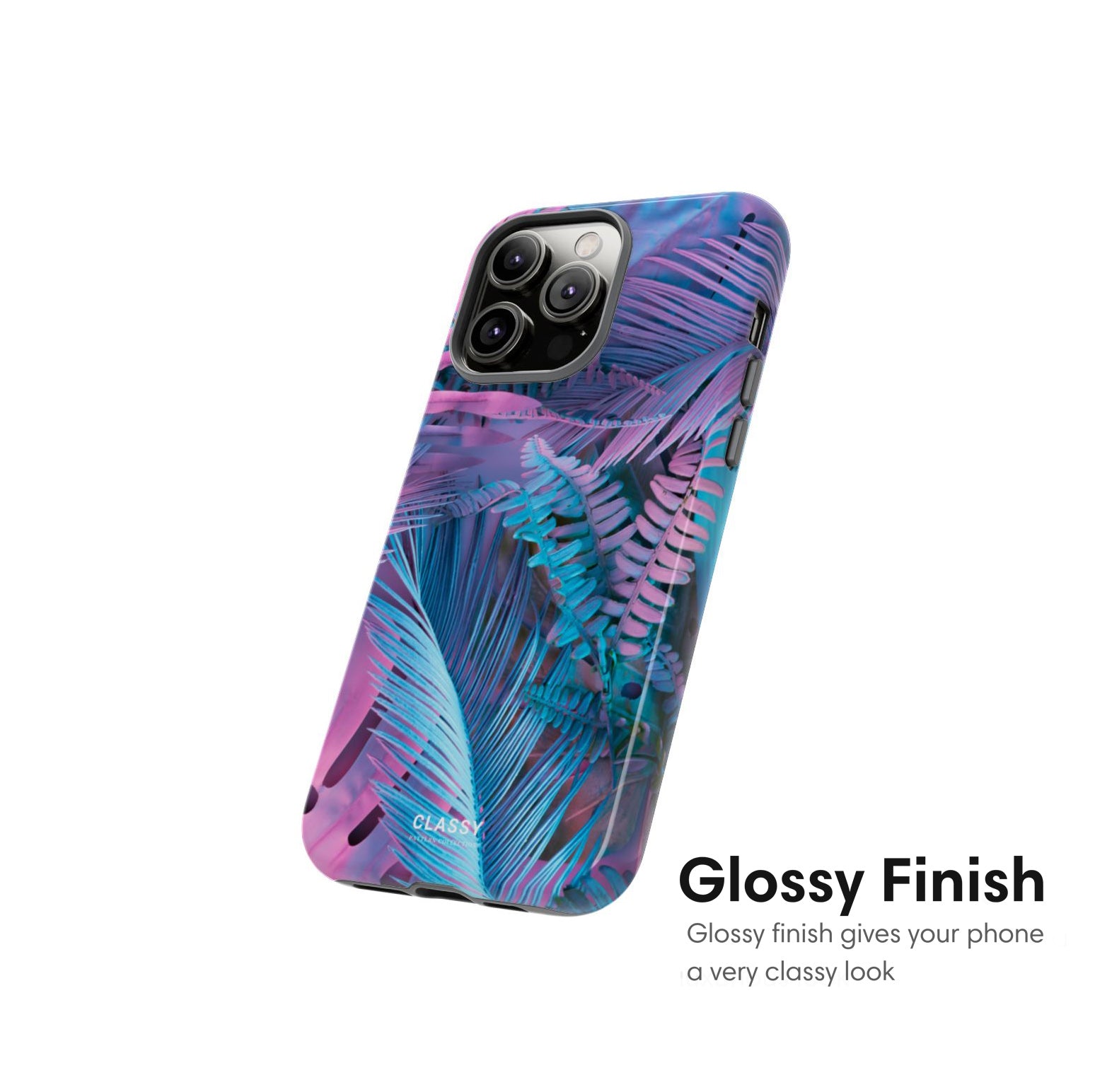 Phone case with colorful palm leaf design on a white background glossy