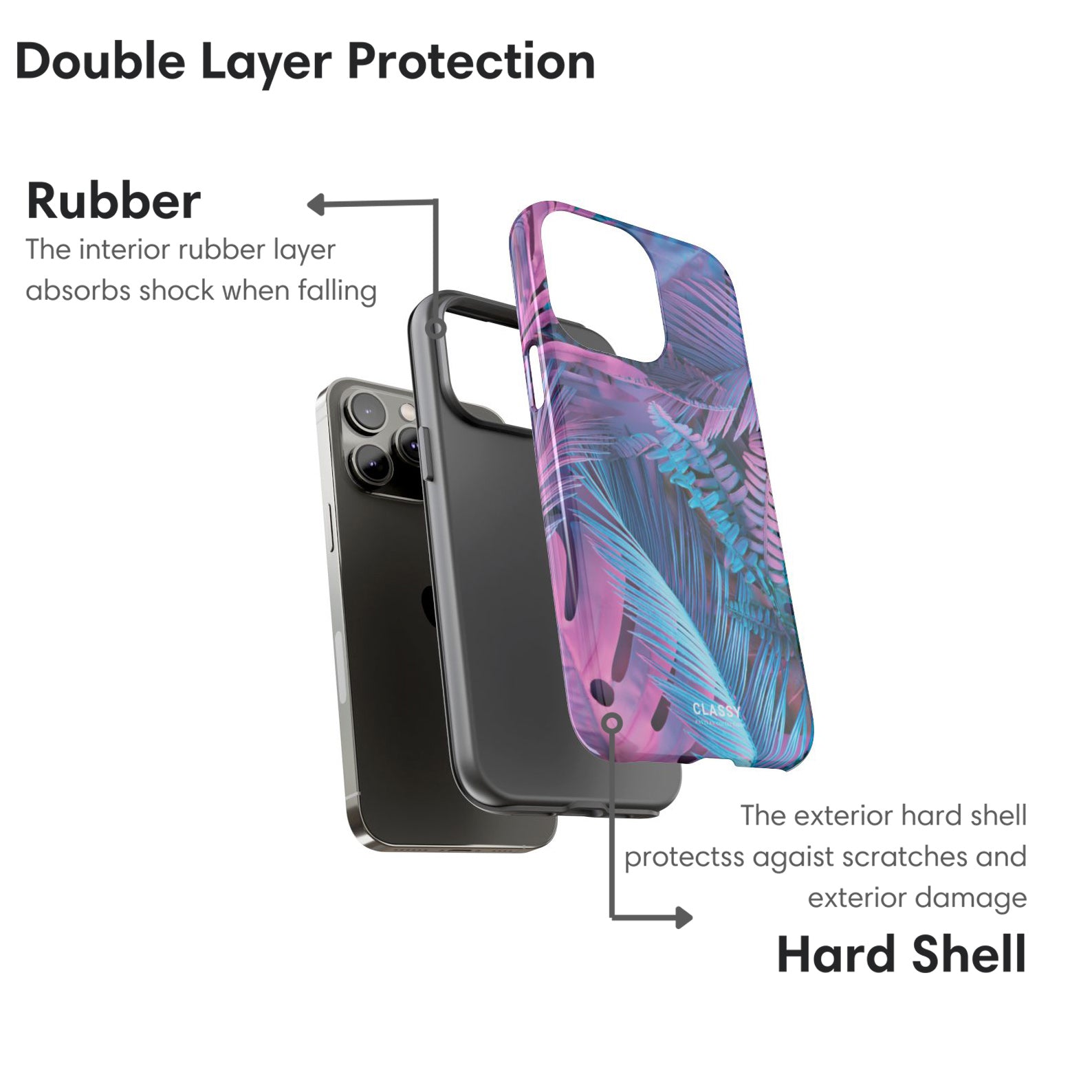 Phone case with double-layer protection featuring rubber and hard shell on a white background.