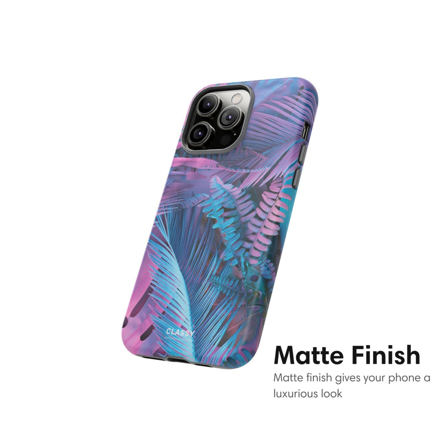 Phone case with colorful palm leaf design on a white background matte