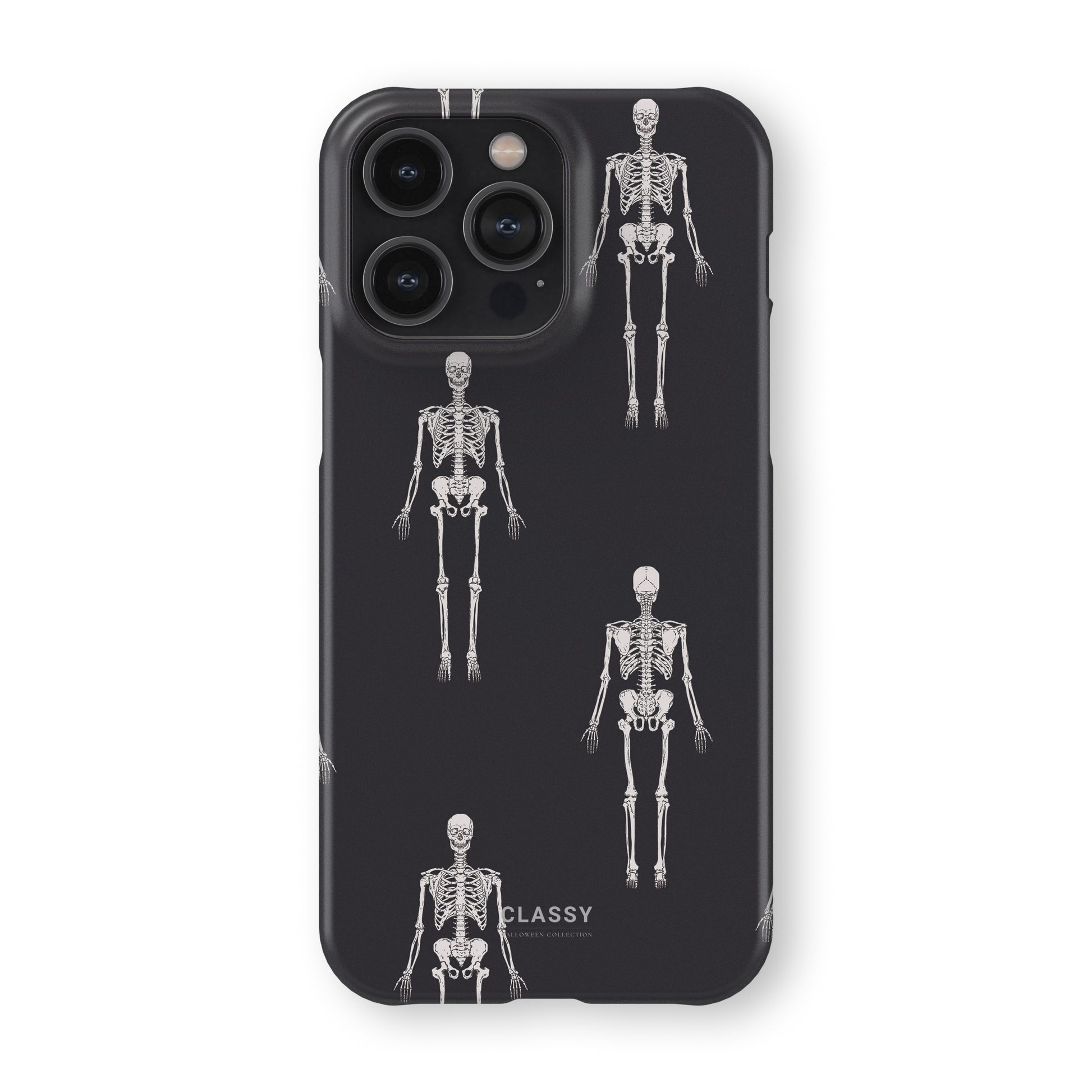 Phone case with white skeleton illustrations on a black background