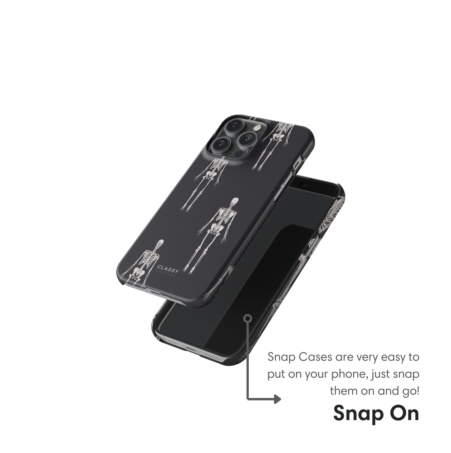 Black phone case with skeleton design on a white background