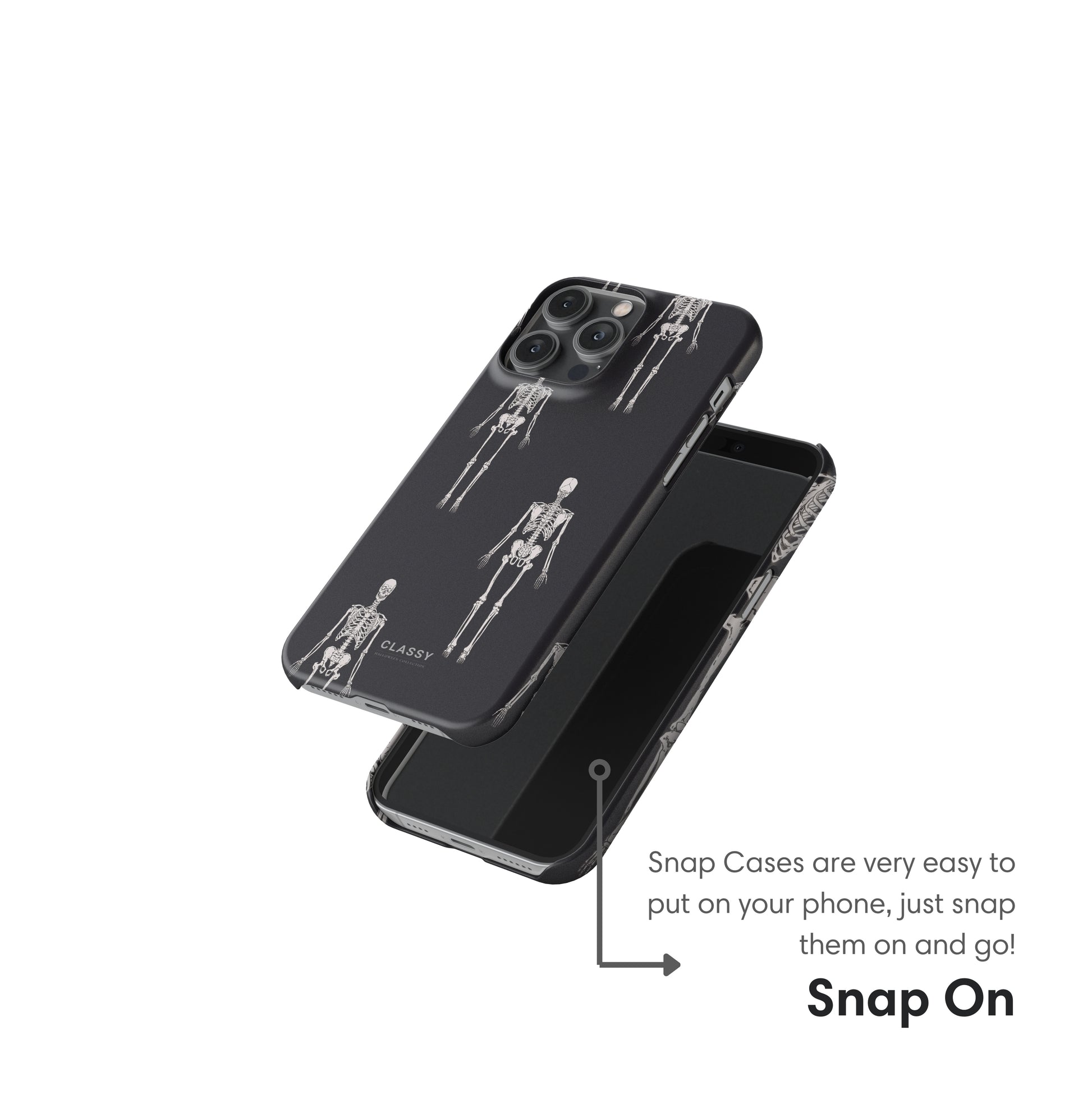 Black phone case with skeleton design on a white background