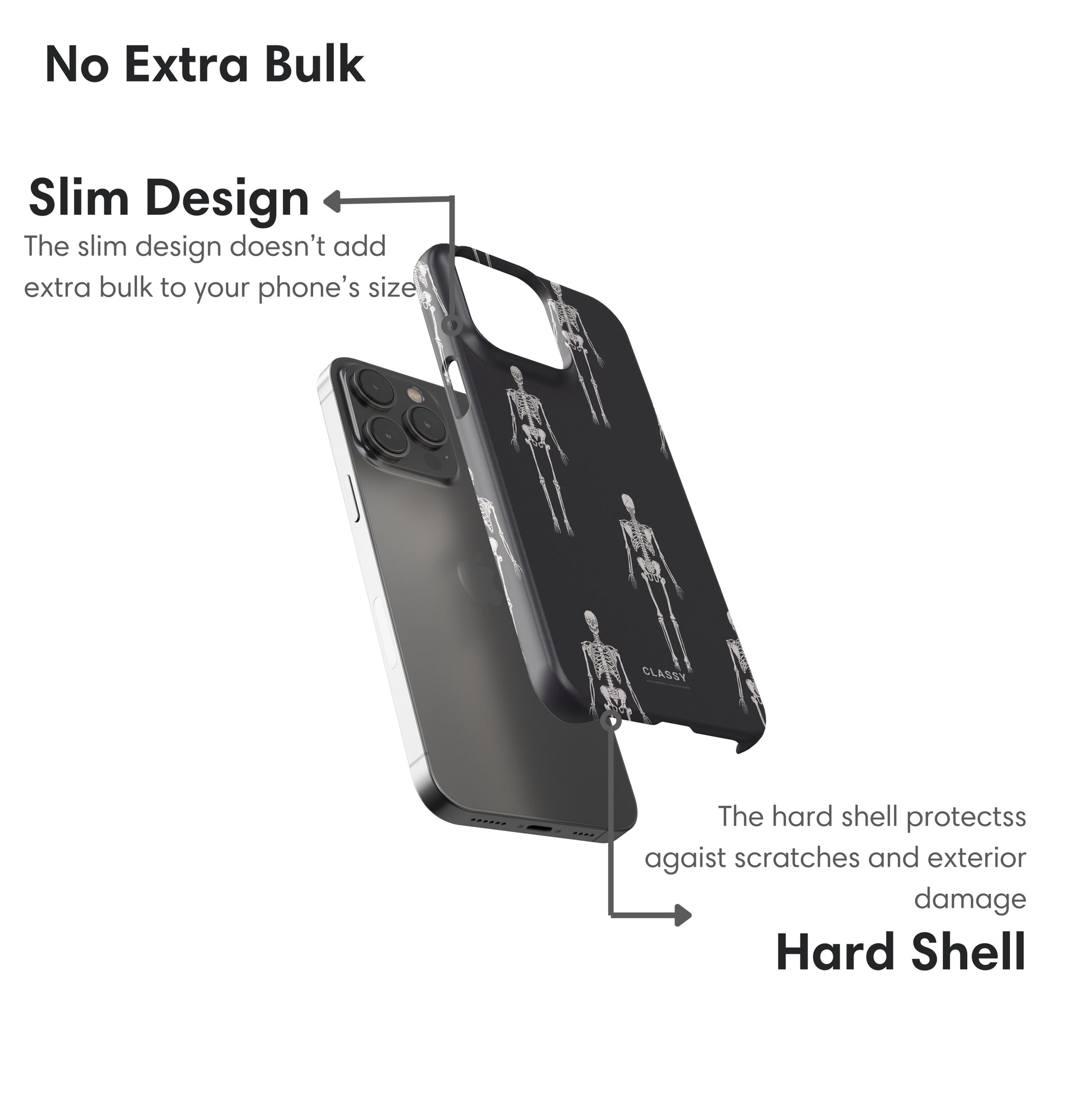 Phone case with skeleton design on a white background, highlighting slim design and hard shell protection.