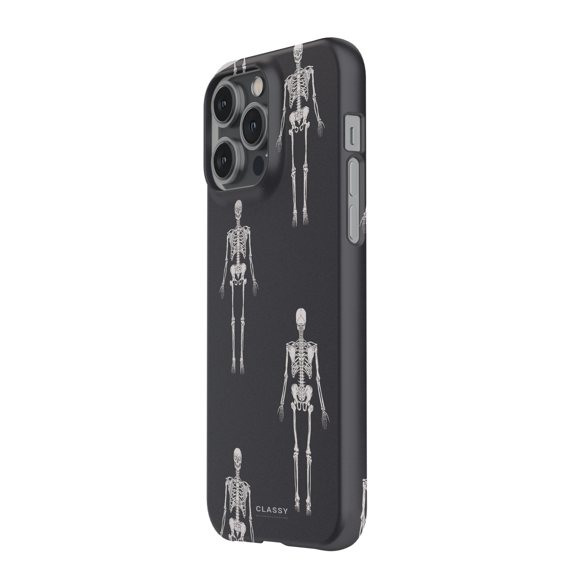 Phone case with skeleton design on a black background