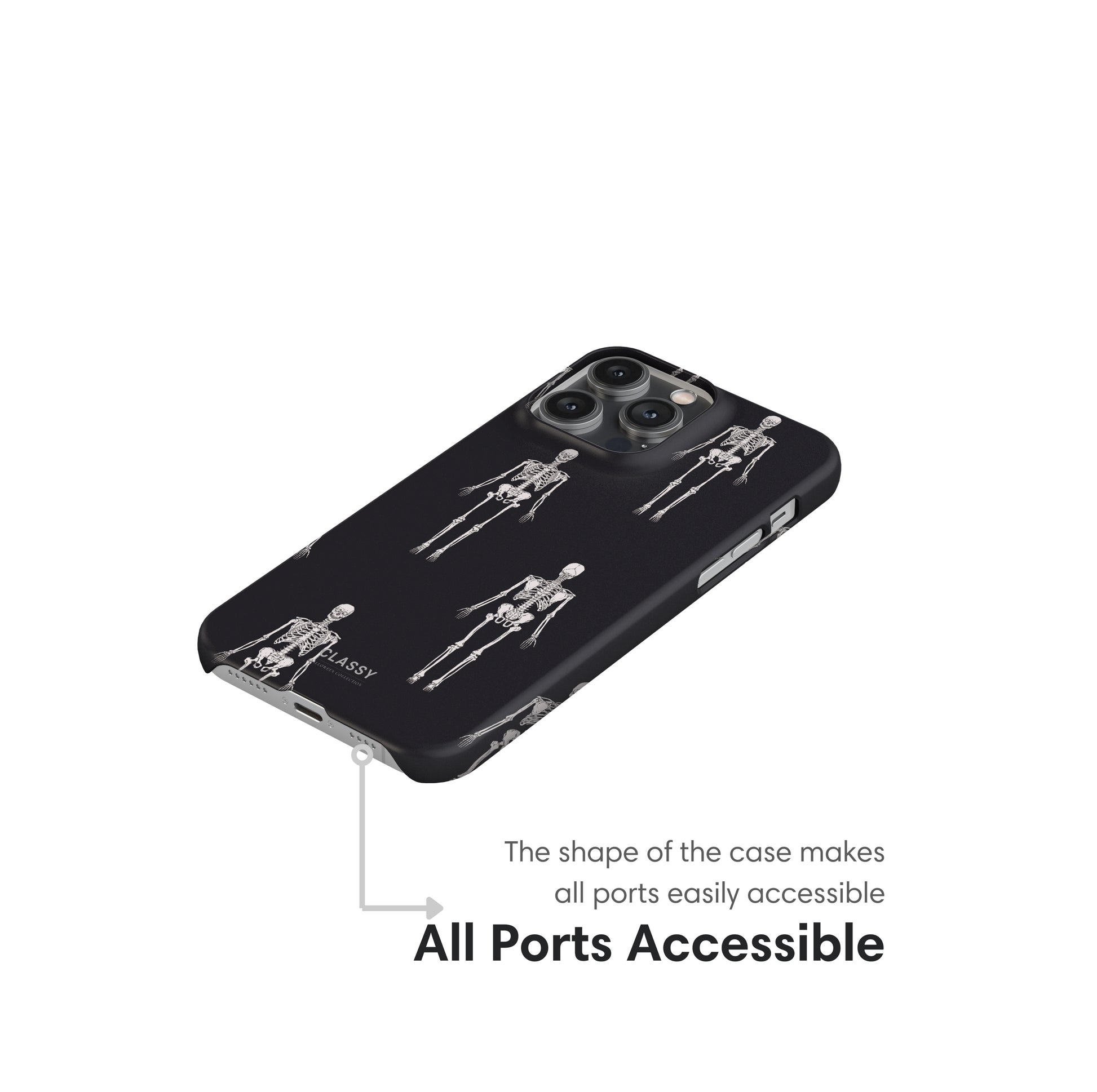 Phone case with skeleton design on a white background