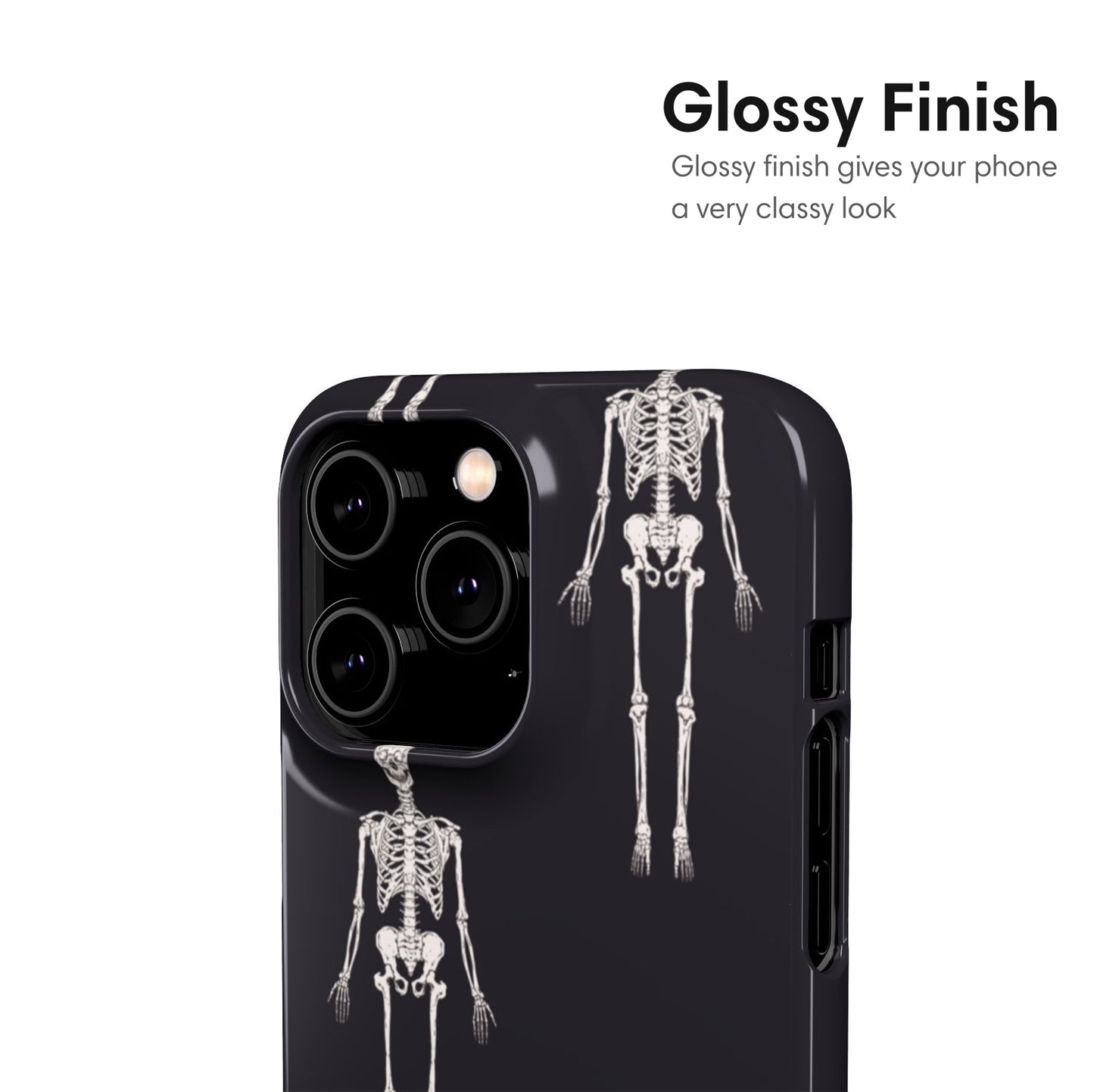 Phone case with skeleton design on a black background, glossy finish