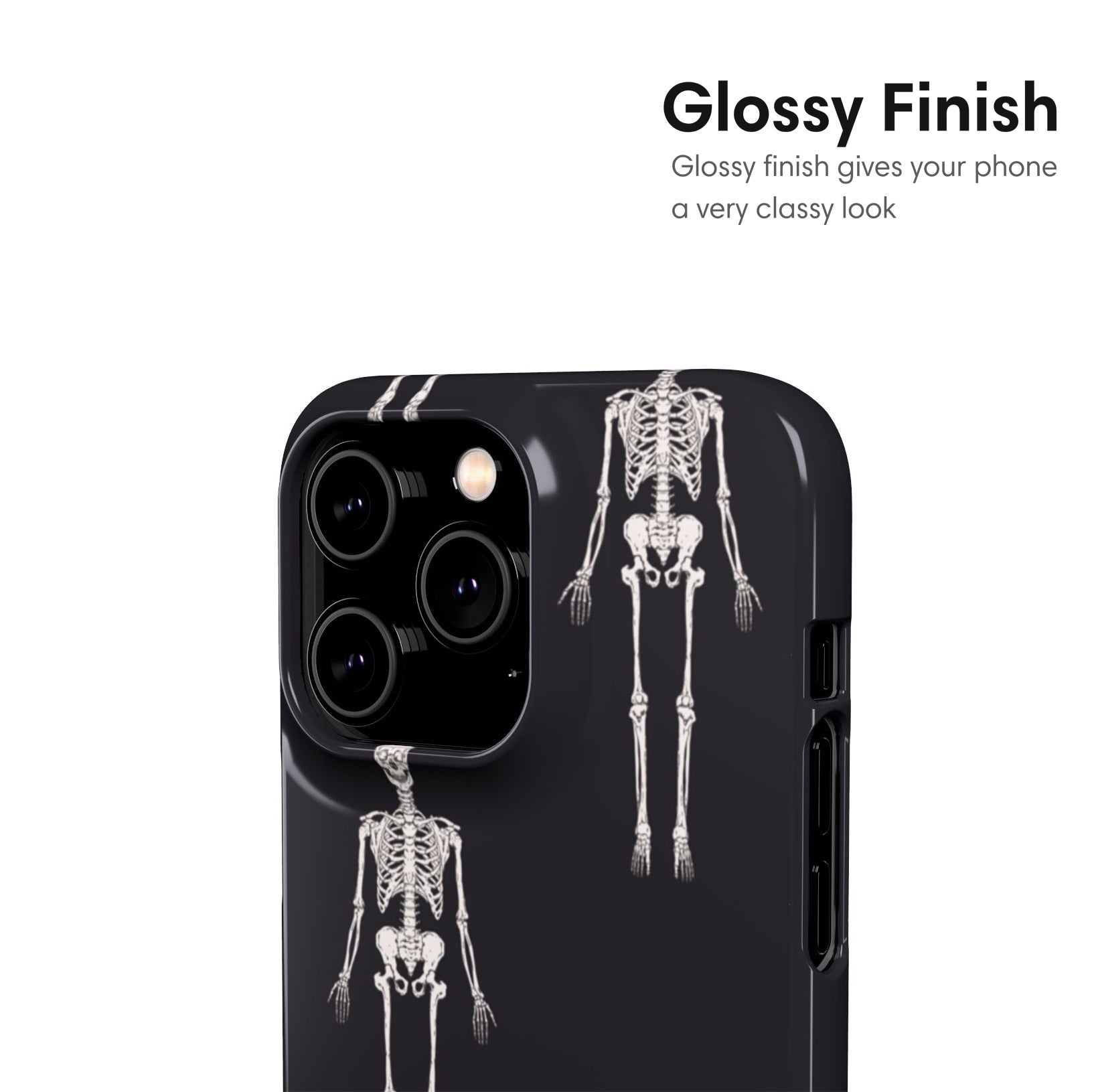 Phone case with skeleton design on a black background, glossy finish