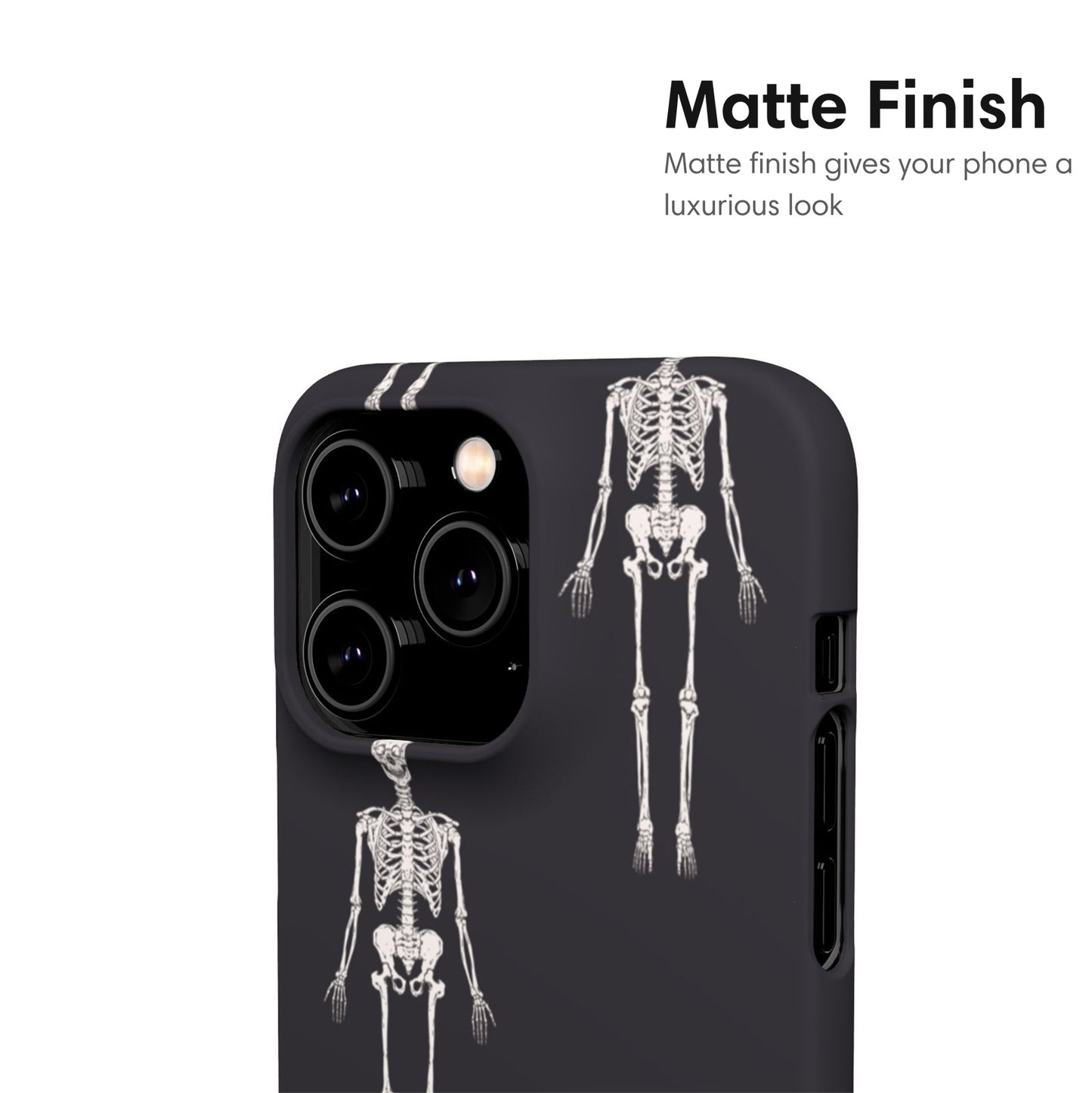 Phone case with skeleton design on a black background, matte finish