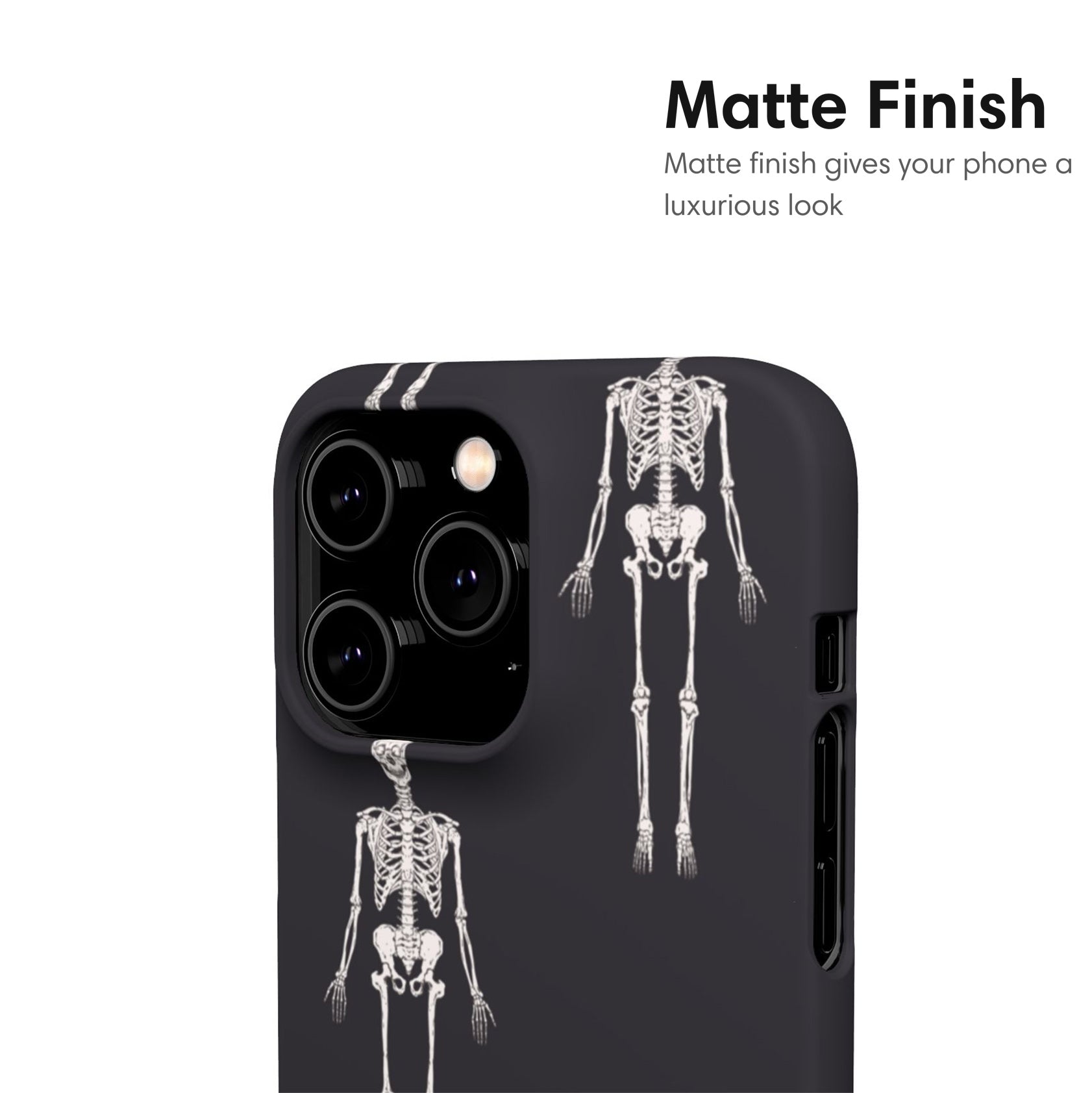 Phone case with skeleton design on a black background, matte finish