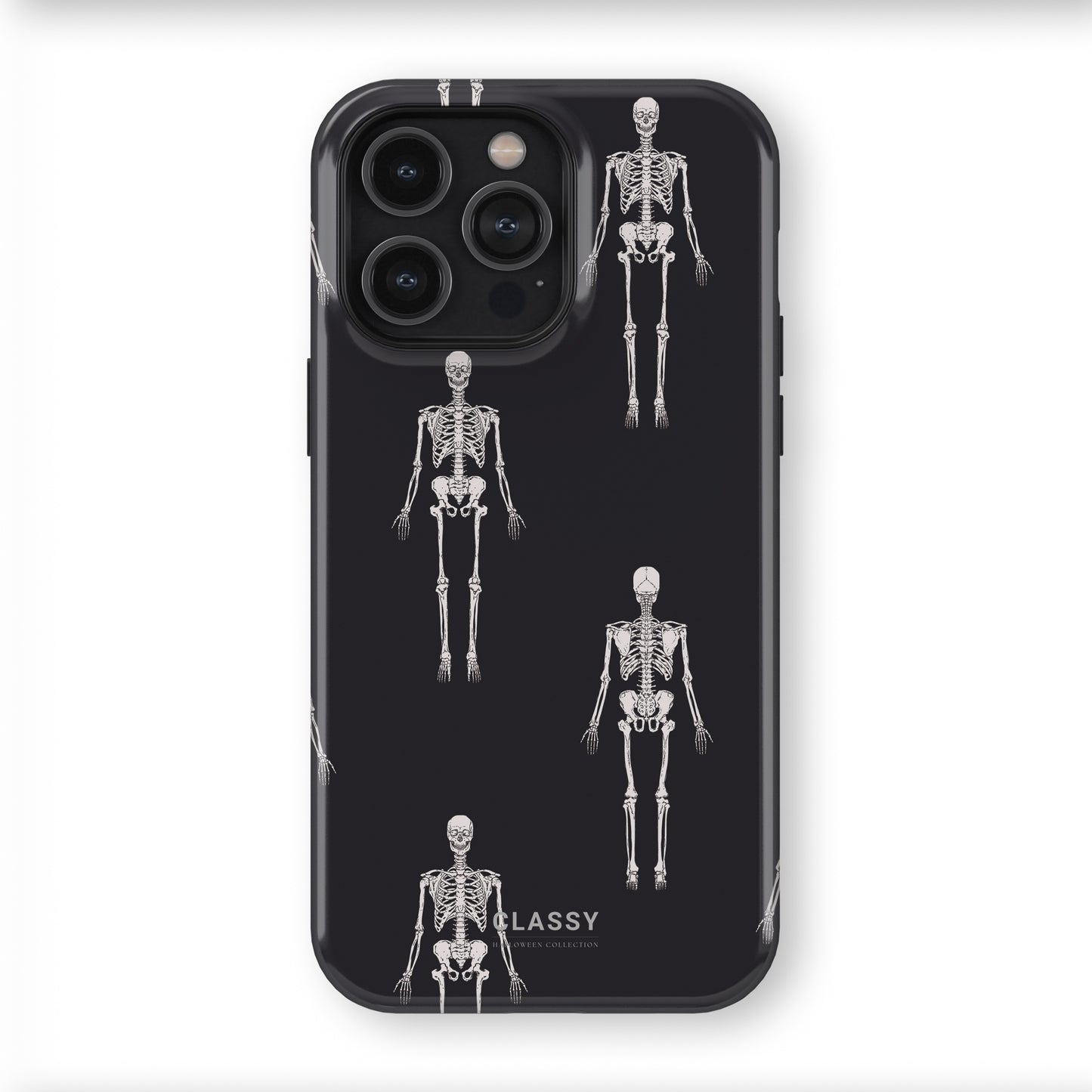 Phone case with skeleton design on a black background