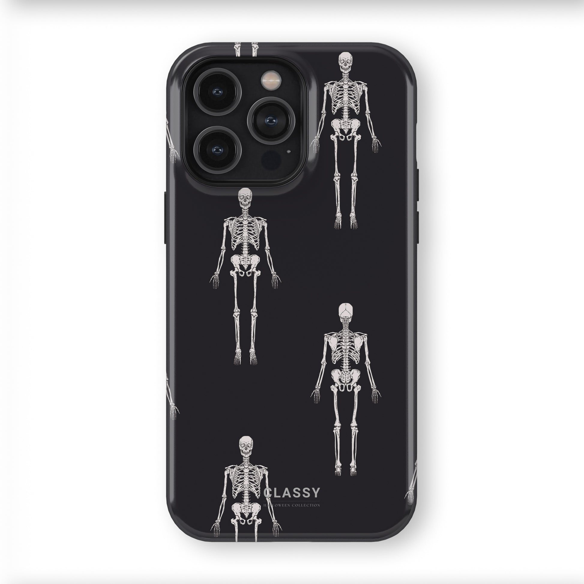 Phone case with skeleton design on a black background
