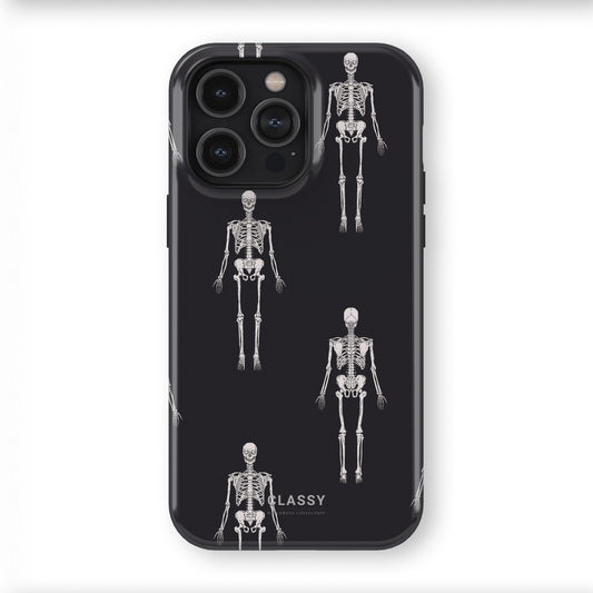 Phone case with skeleton design on a black background