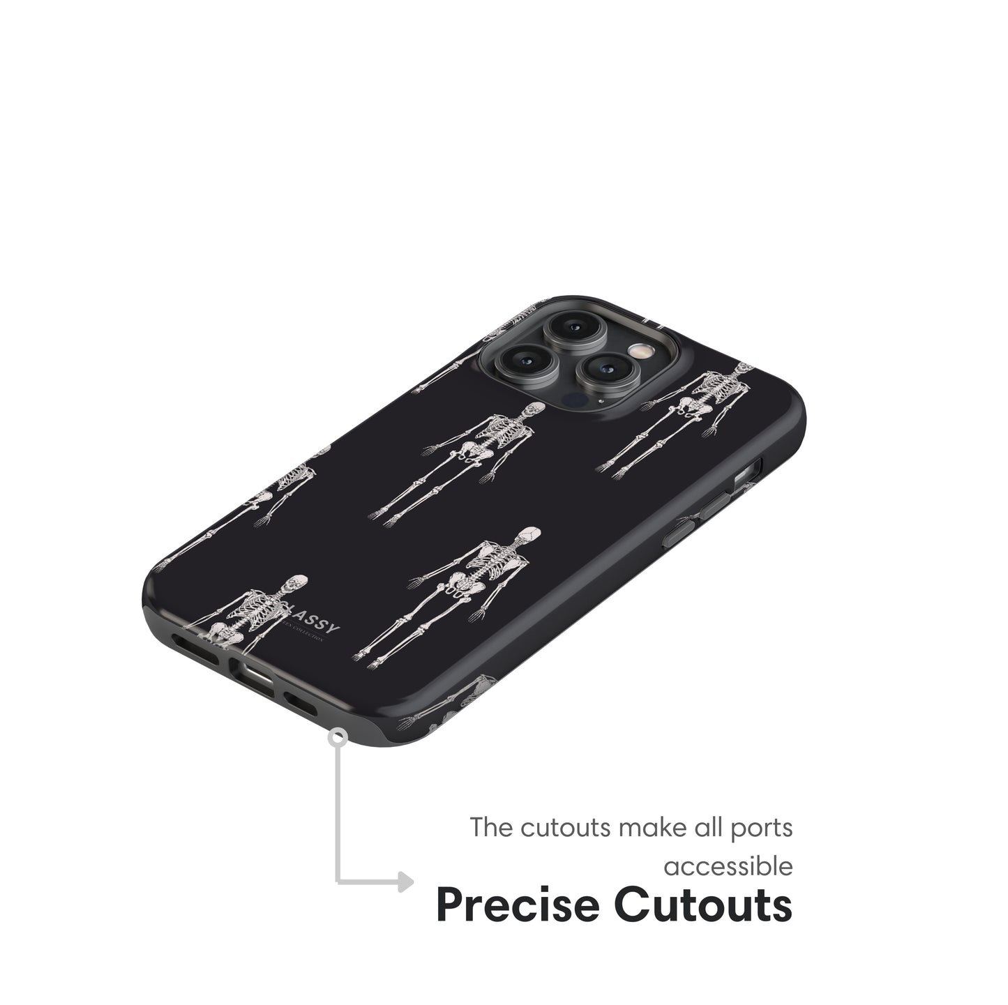 Black phone case with skeleton designs on a white background