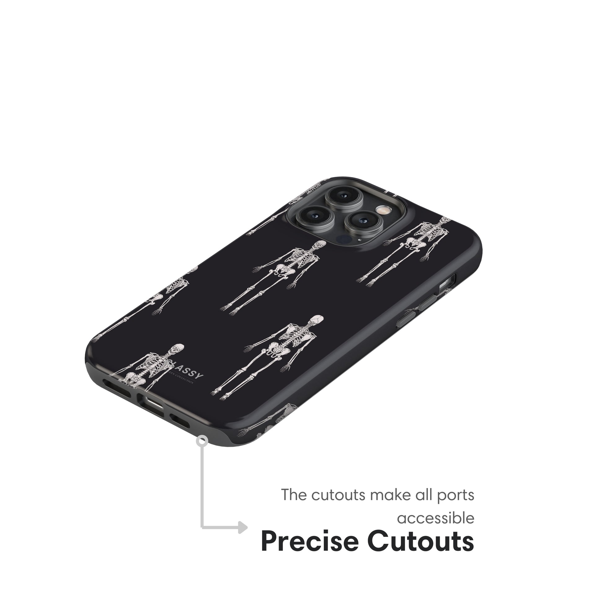 Black phone case with skeleton designs on a white background