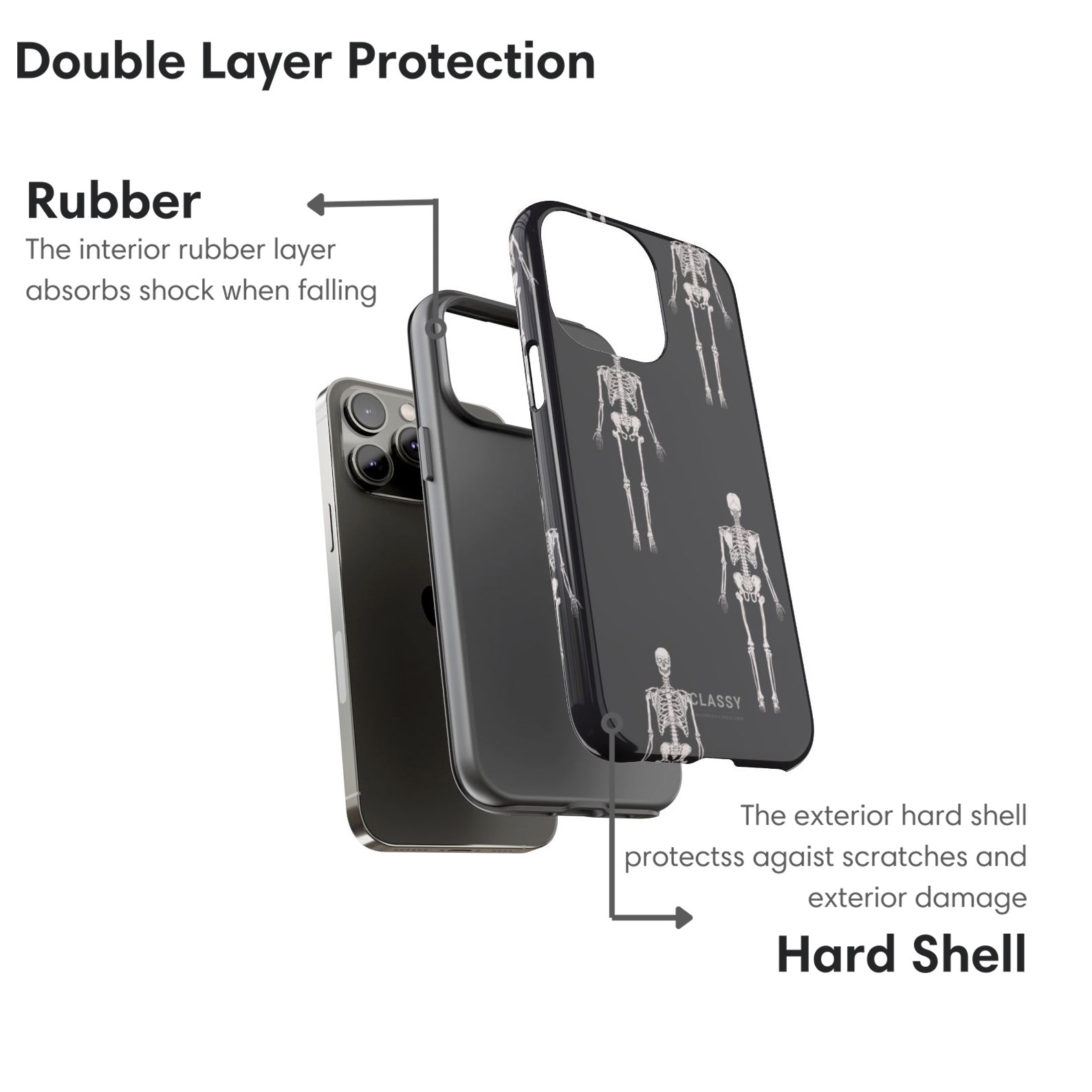 Phone case with double-layer protection featuring rubber and hard shell on a white background.