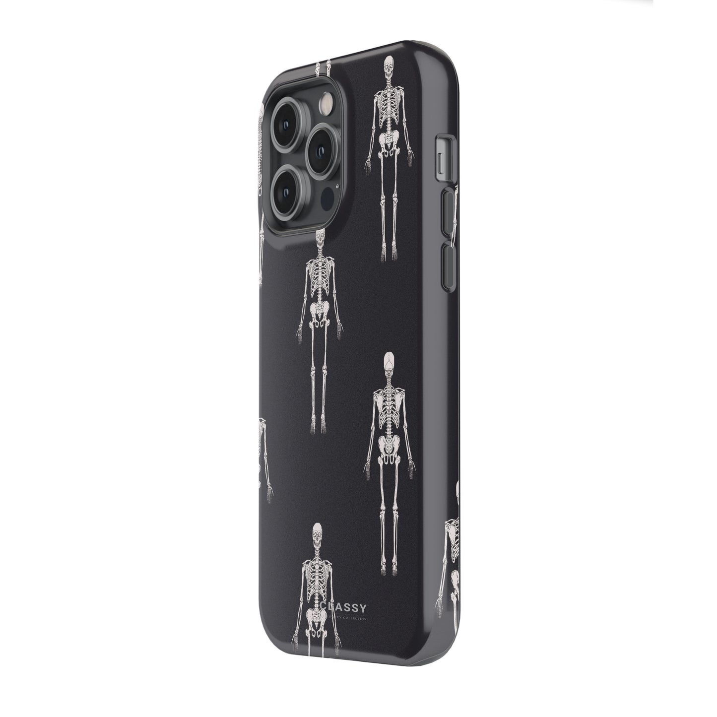 Phone case with skeleton design on a black background
